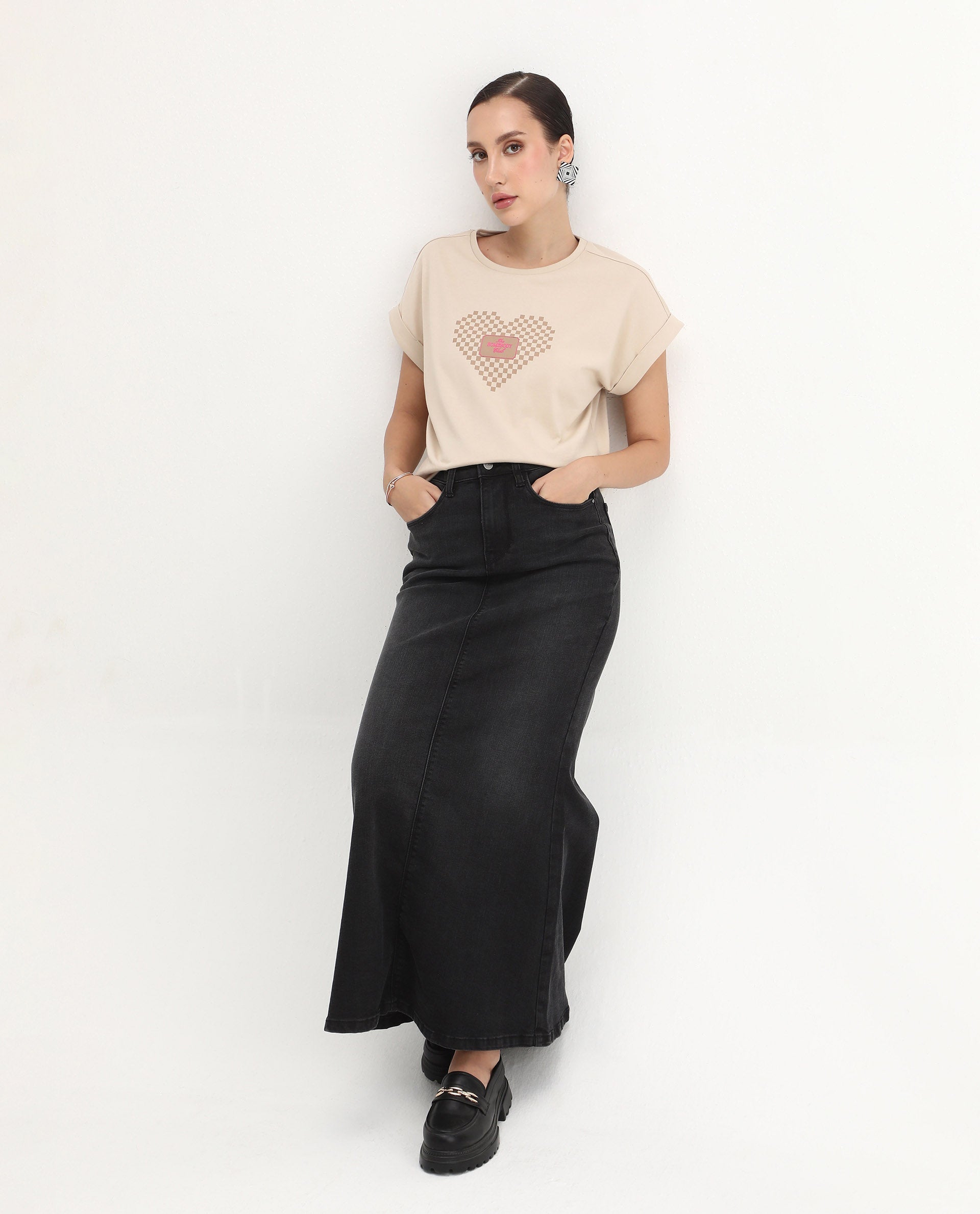 Rareism Women's Hamo Beige Cotton Crew Neck Relaxed Fit T-Shirt