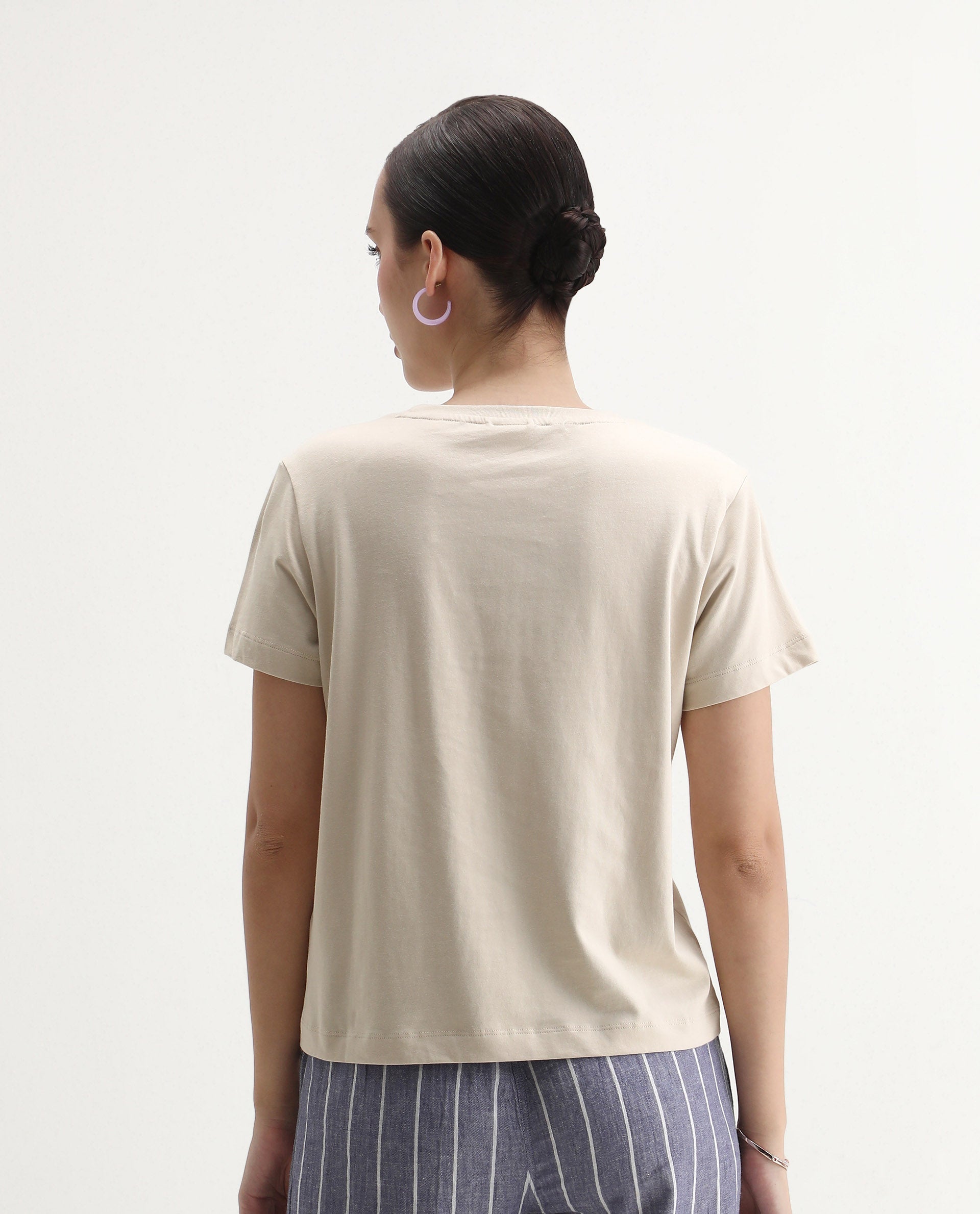 Rareism Women's Starf Beige Cotton Crew Neck Regular Fit T-Shirt