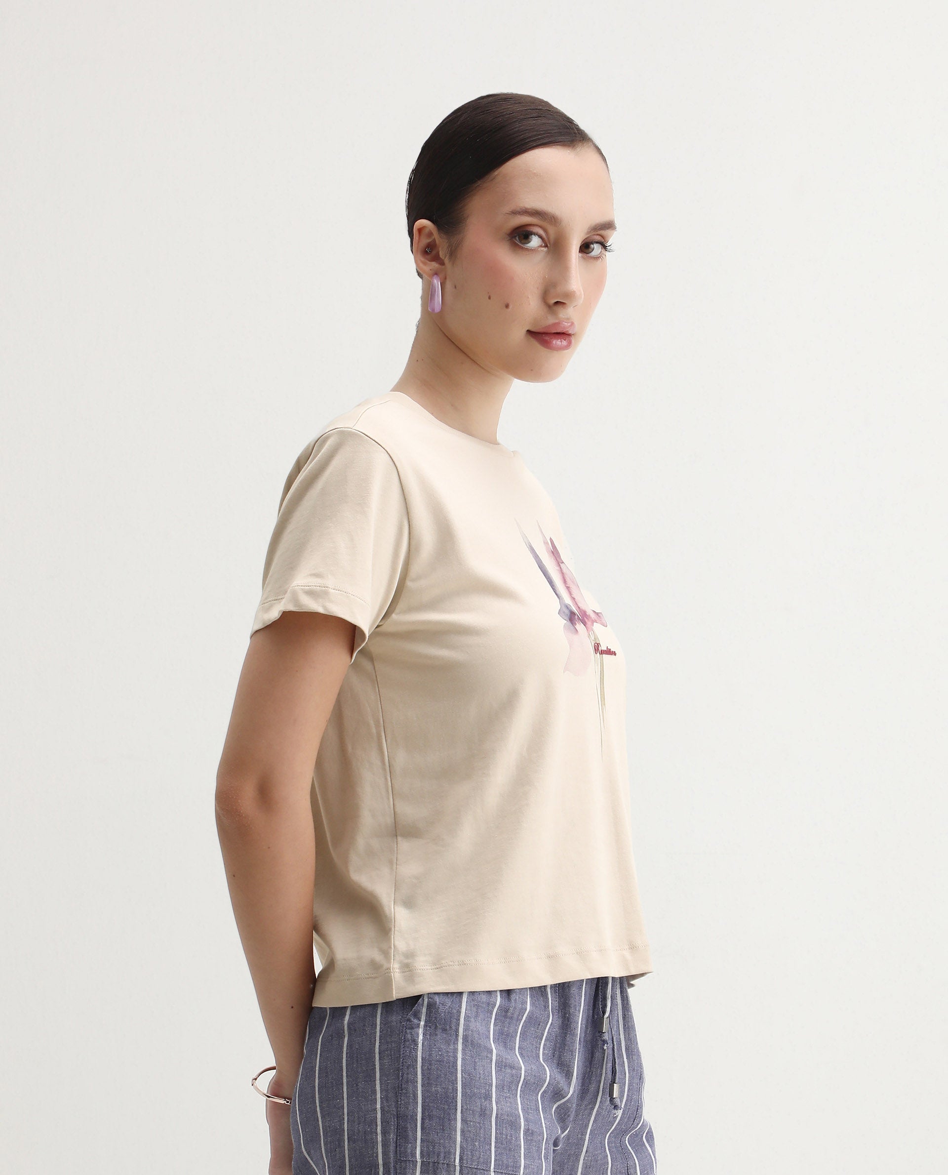 Rareism Women's Starf Beige Cotton Crew Neck Regular Fit T-Shirt