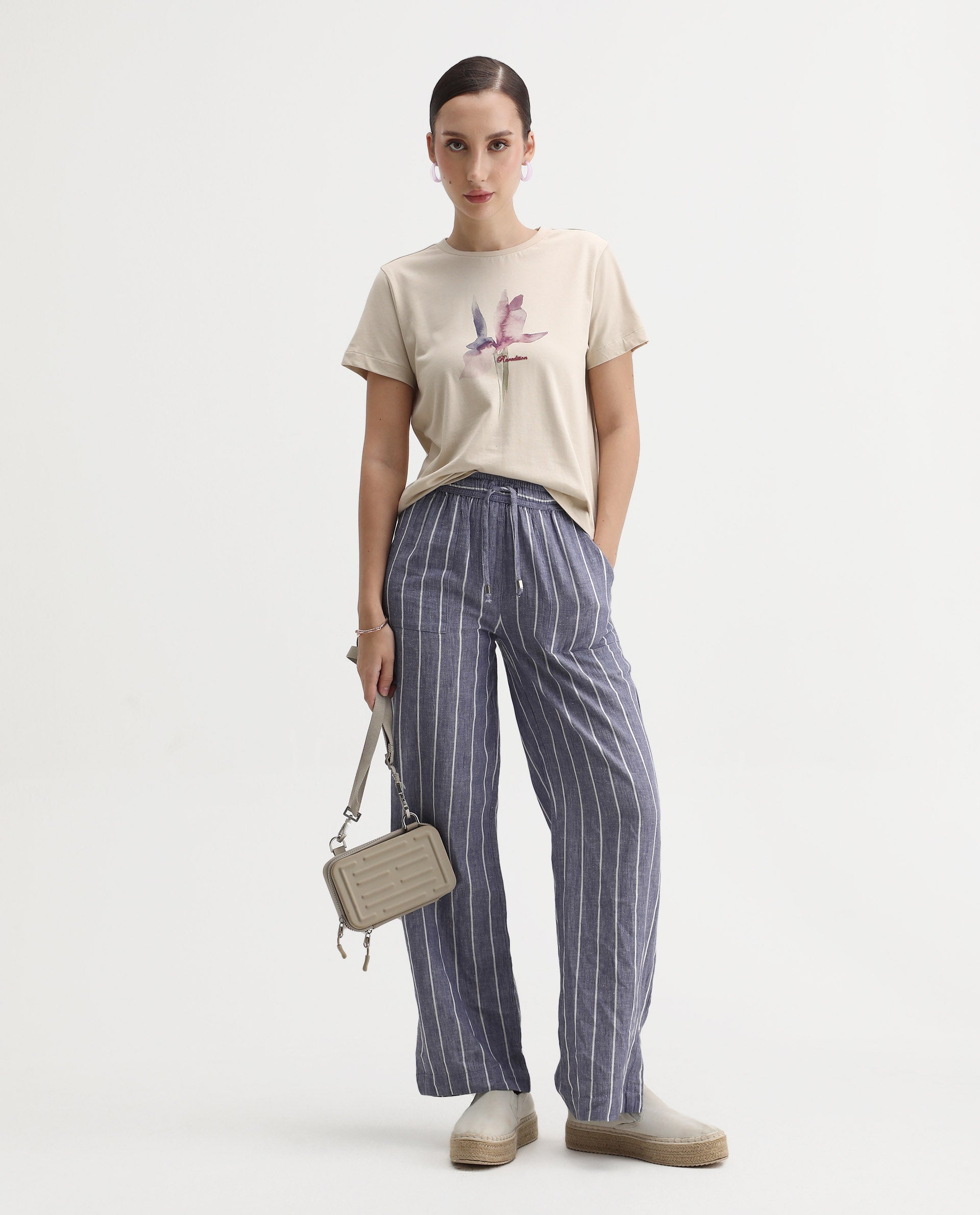 Rareism Women's Starf Beige Cotton Crew Neck Regular Fit T-Shirt