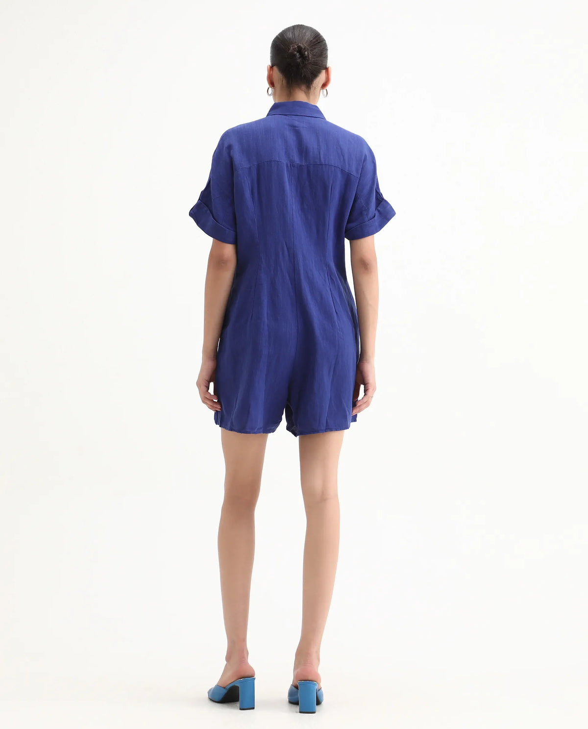 Rareism Women's Hamster Blue Linen Spread Collar Plain Knee Length Regular Fit Jumpsuit