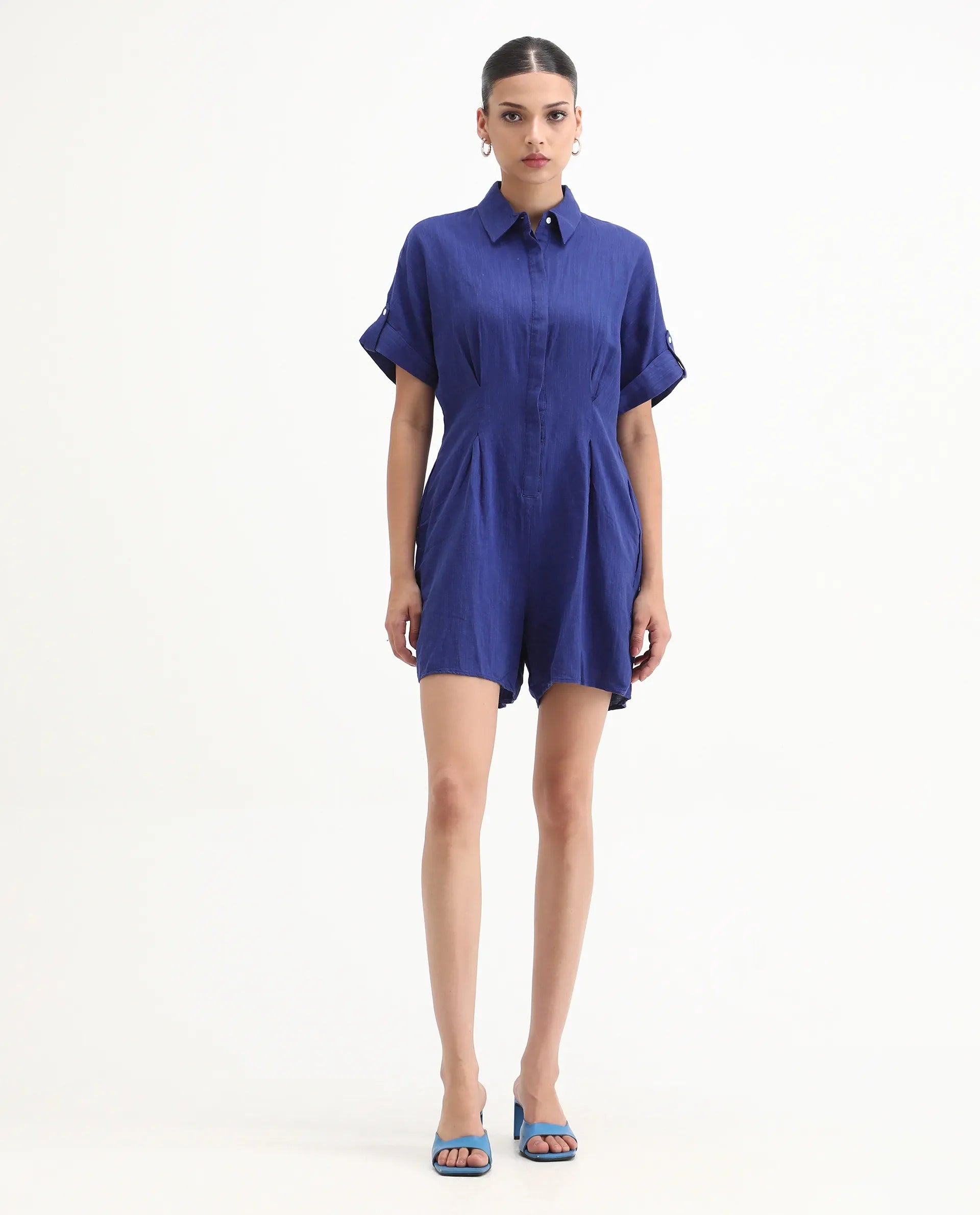 Rareism Women's Hamster Blue Linen Spread Collar Plain Knee Length Regular Fit Jumpsuit