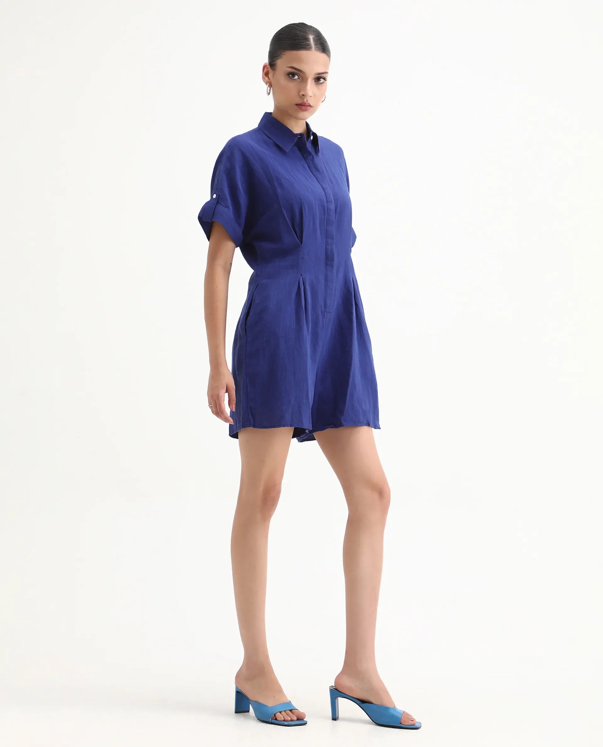Rareism Women's Hamster Blue Linen Spread Collar Plain Knee Length Regular Fit Jumpsuit