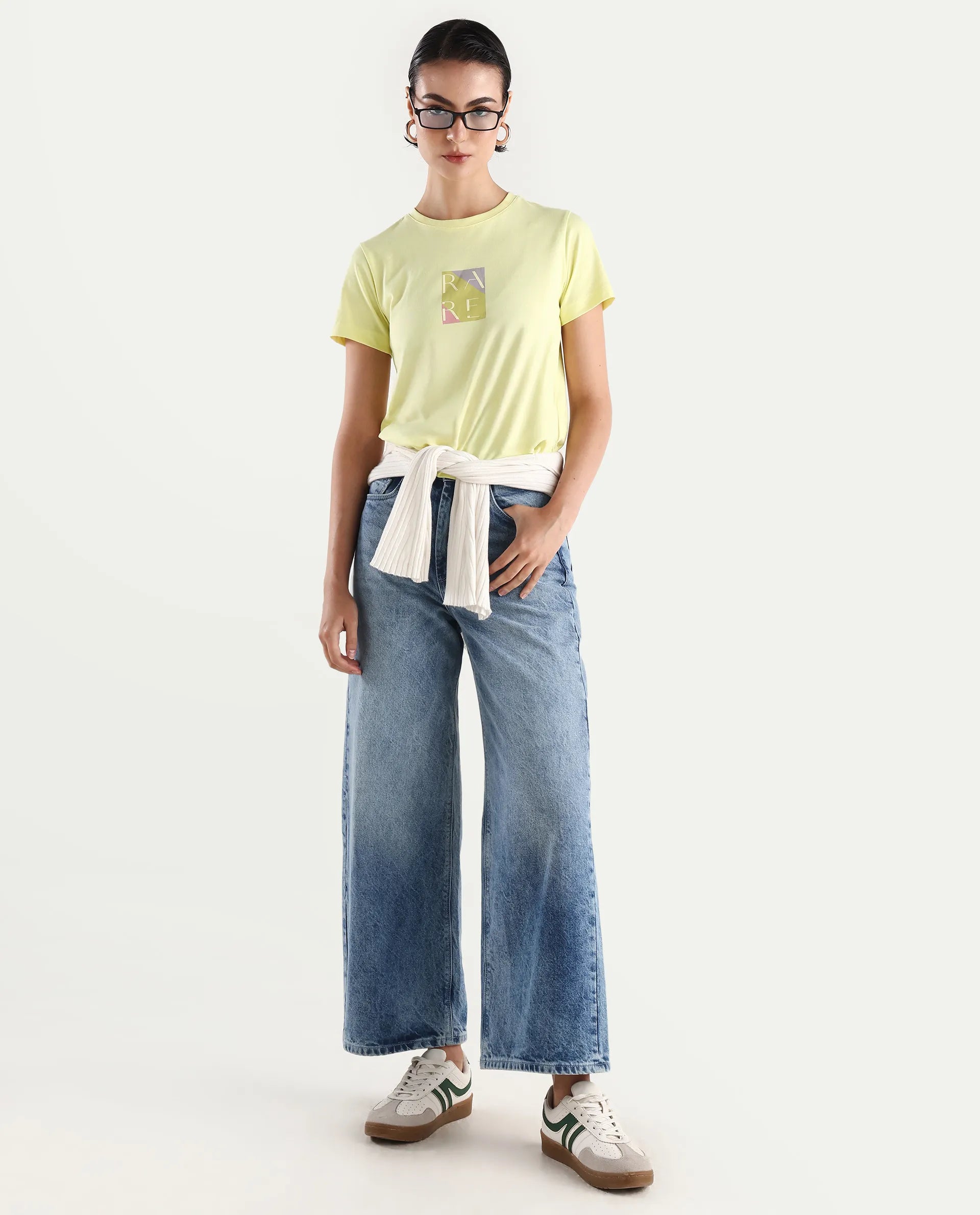 Rareism Women's Hanna Yellow Cotton Blend Crew Neck Graphic Print Regular Fit T-Shirt