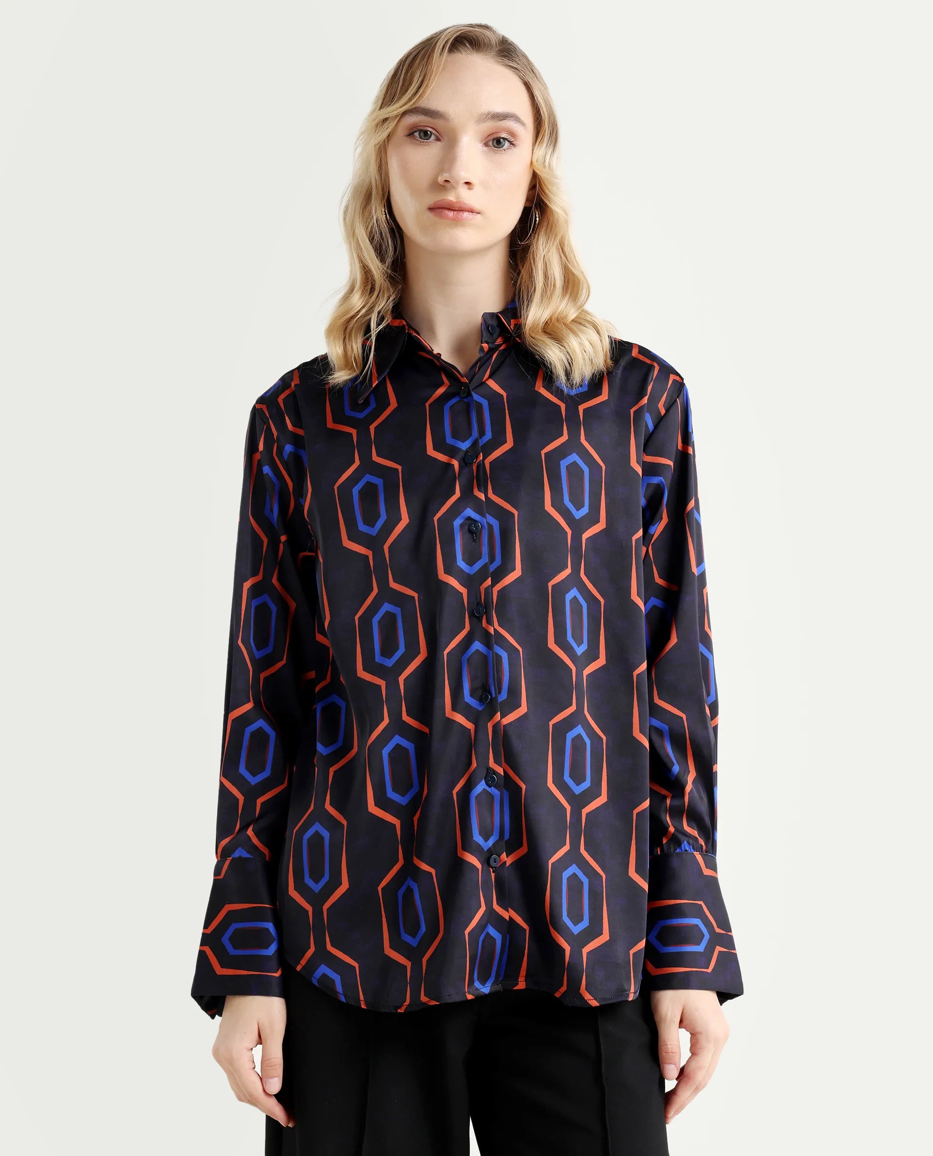 Rareism Women's Harbe Black Polyester Spread Collar Geometric Print Regular Fit Shirt