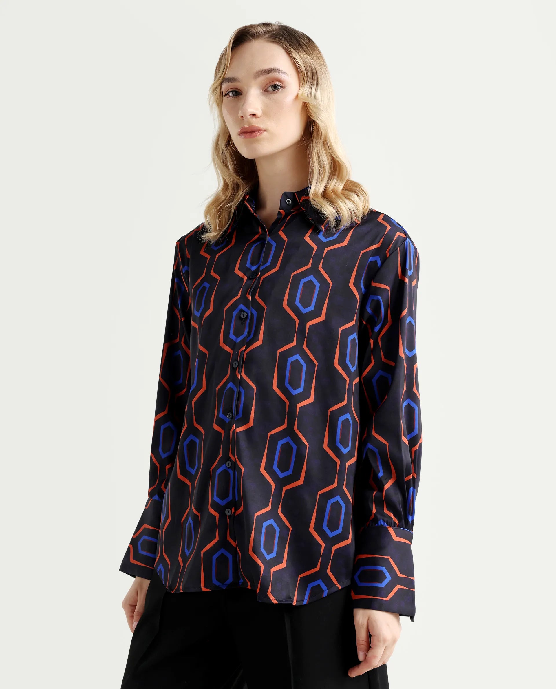 Rareism Women's Harbe Black Polyester Spread Collar Geometric Print Regular Fit Shirt
