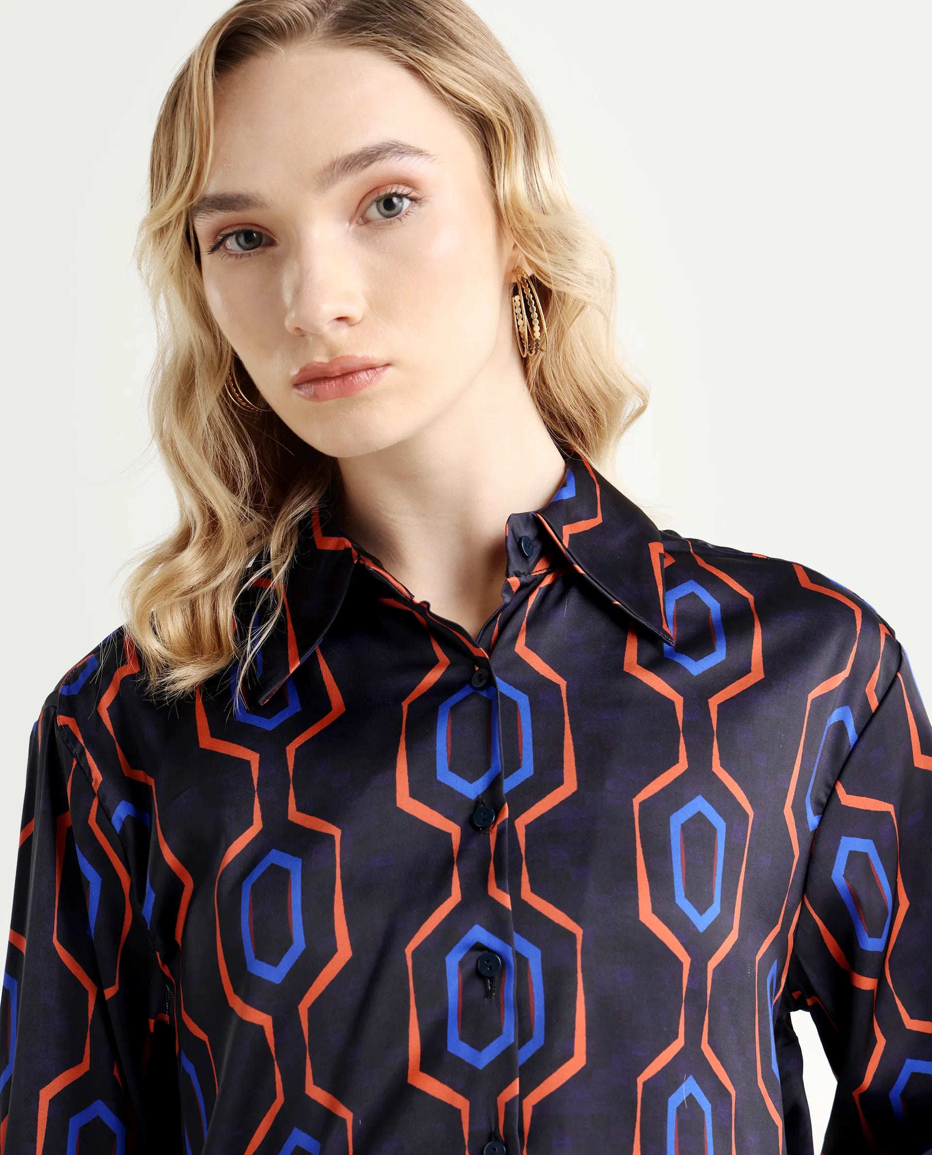 Rareism Women's Harbe Black Polyester Spread Collar Geometric Print Regular Fit Shirt