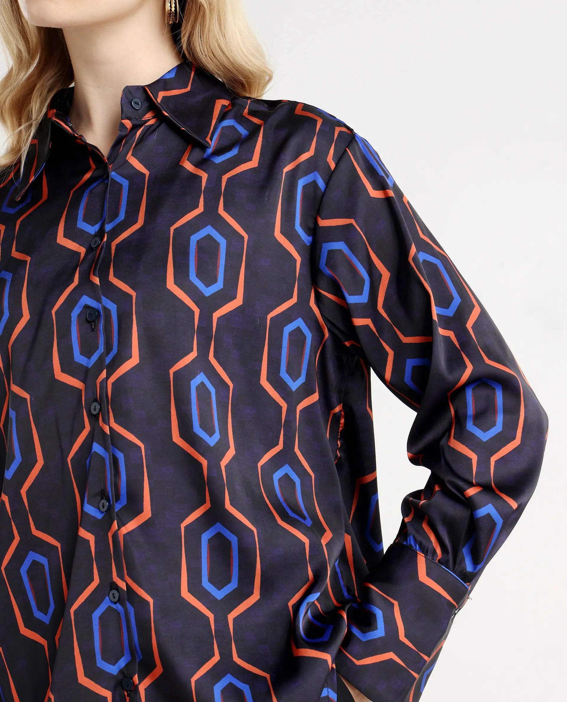 Rareism Women's Harbe Black Polyester Spread Collar Geometric Print Regular Fit Shirt