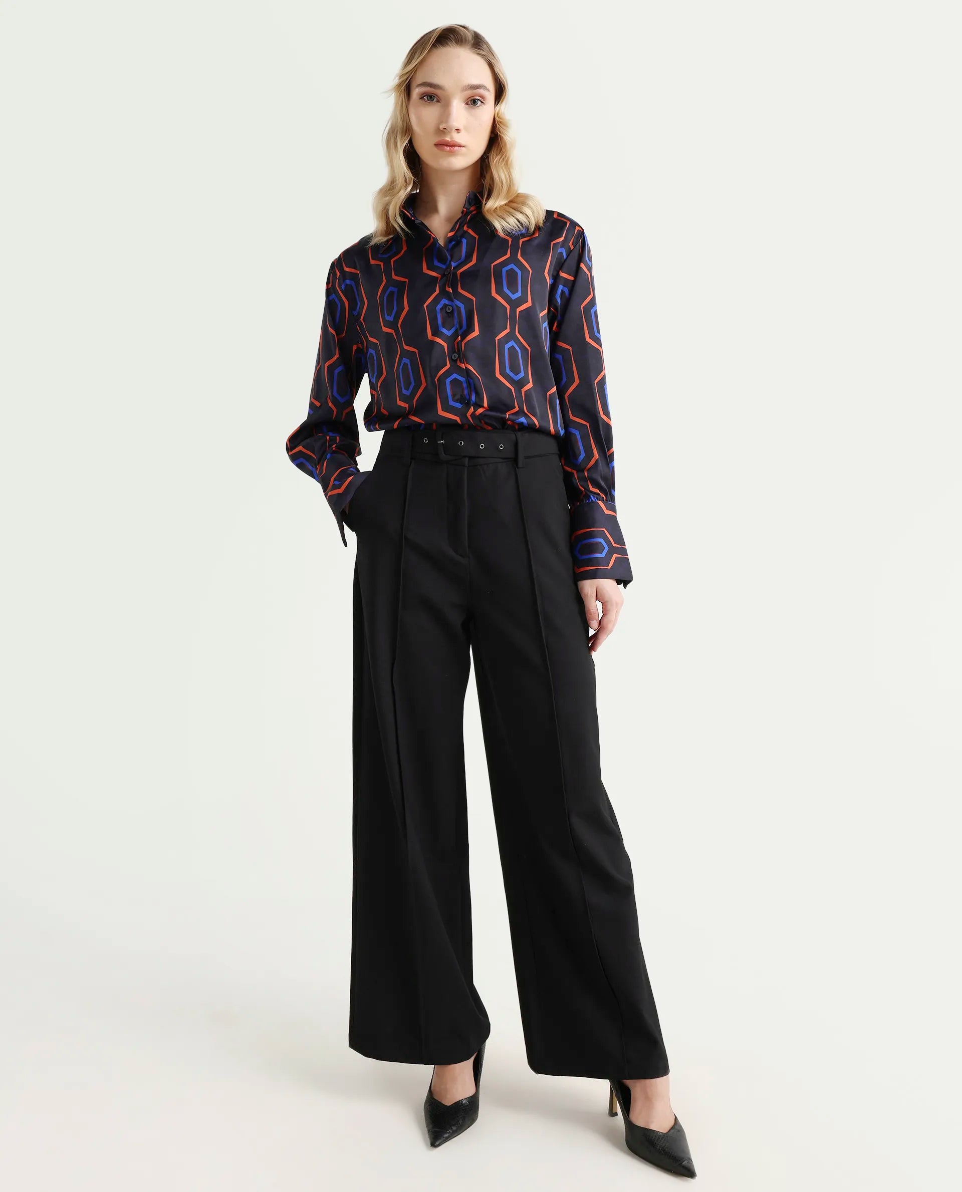 Rareism Women's Harbe Black Polyester Spread Collar Geometric Print Regular Fit Shirt