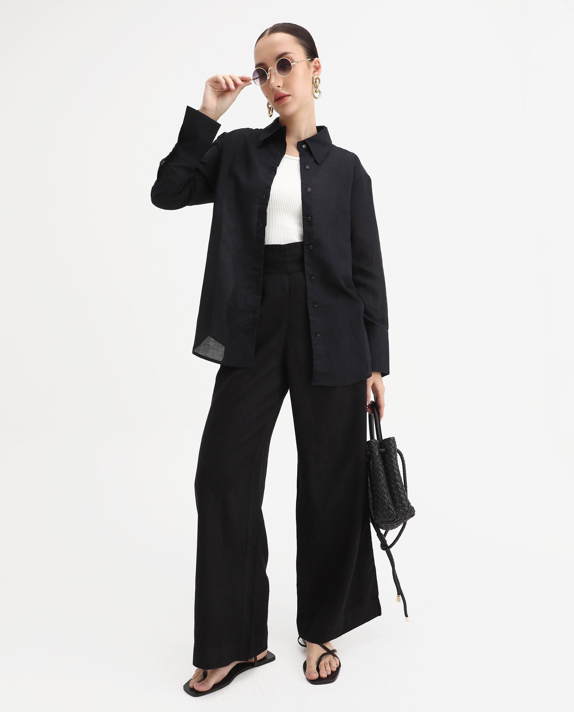 Rareism Women's Harper Black Linen Spread Collar Plain Regular Fit Top