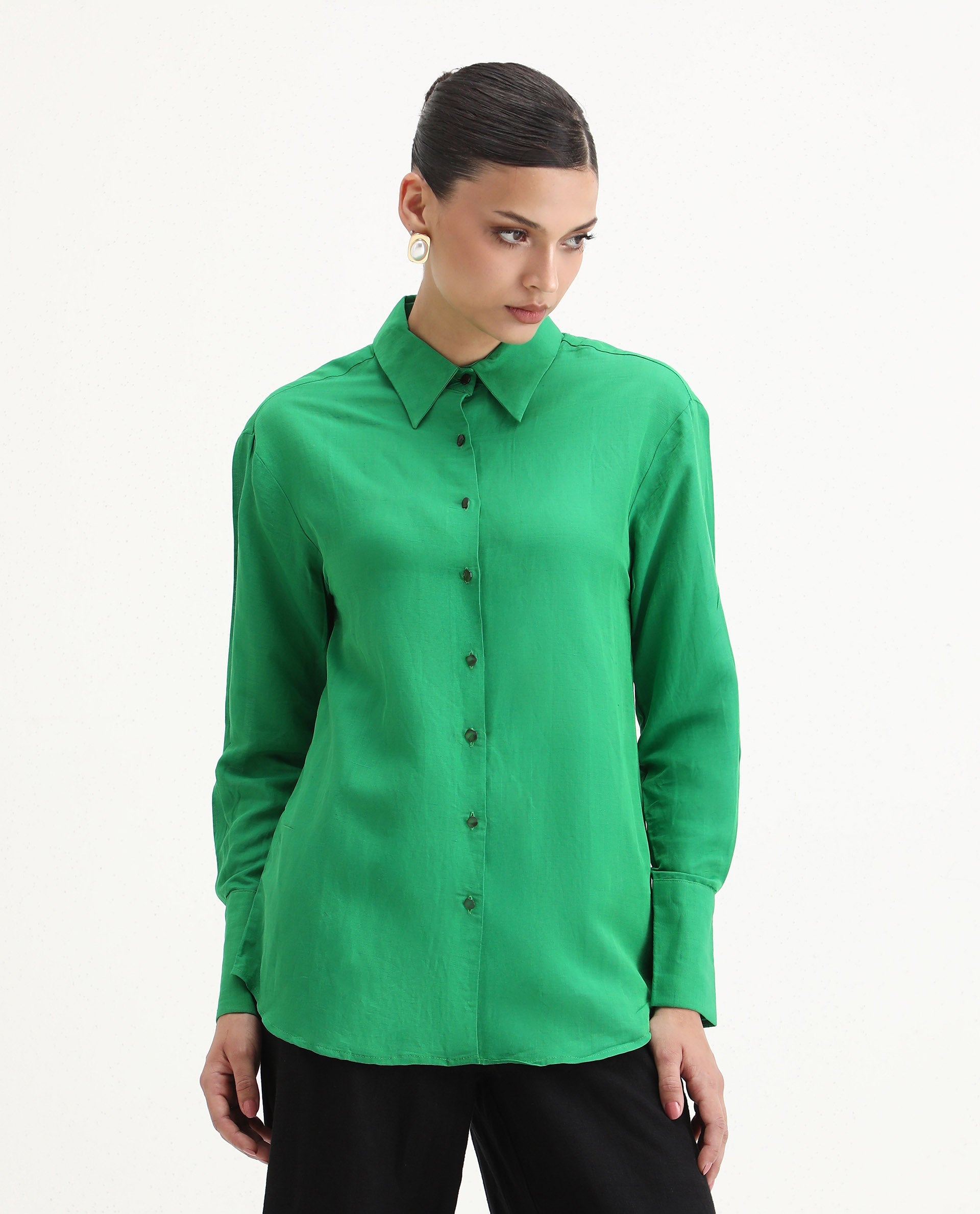 Rareism Women's Harper Green Linen Spread Collar Plain Regular Fit Top