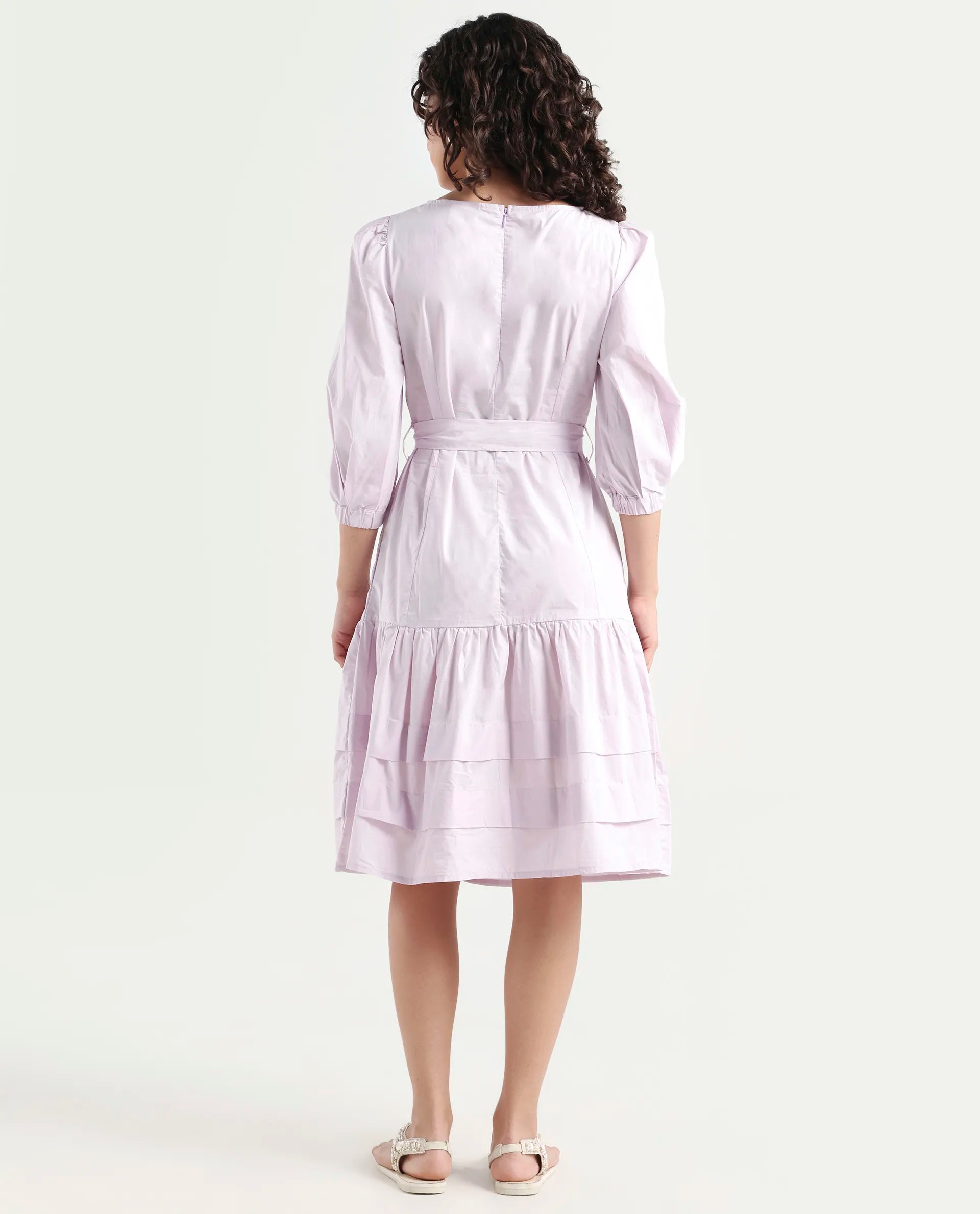 Rareism Women's Hay Purple Cotton Boat Neck Plain Puff Sleeves Knee Length Regular Fit Dress