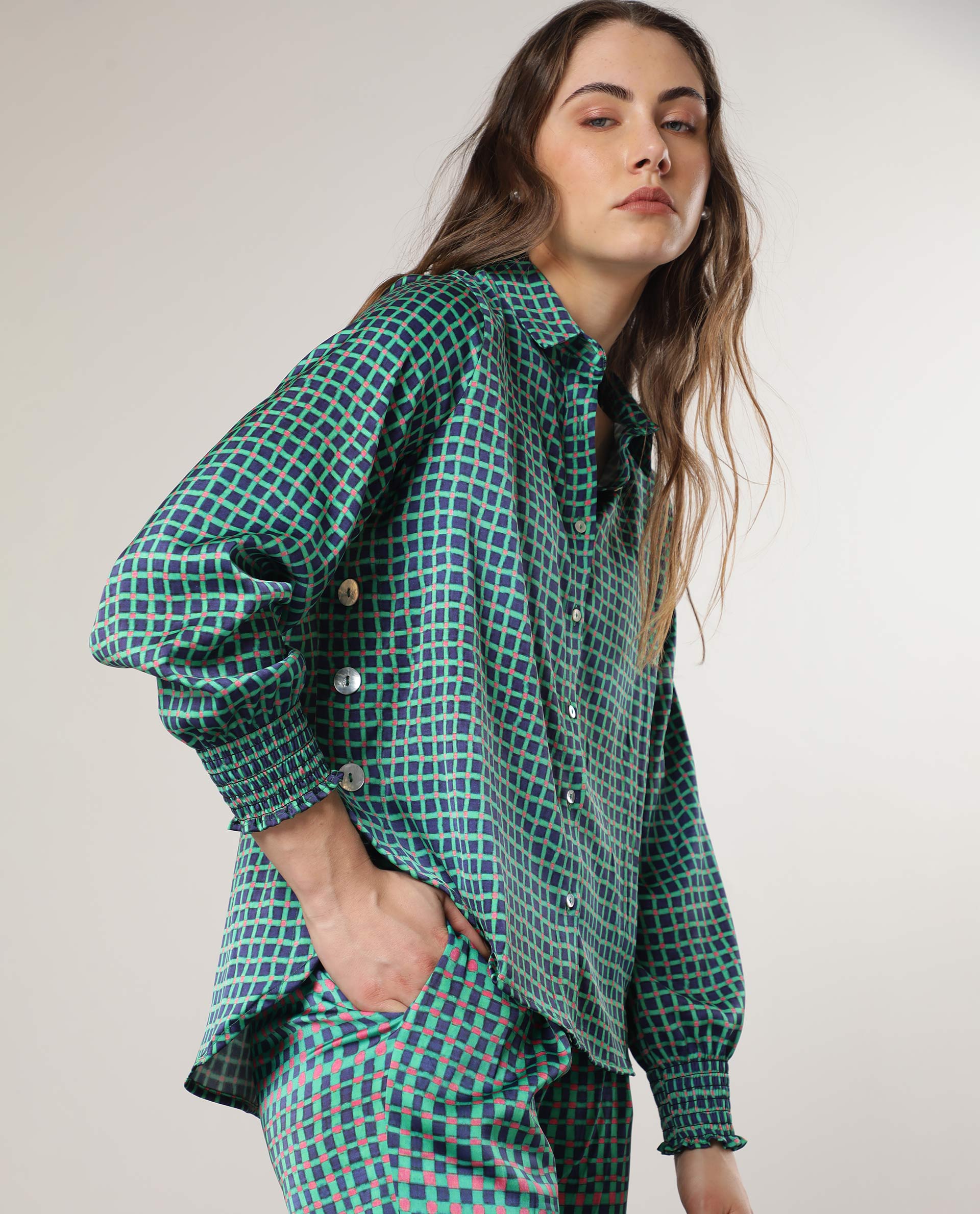 Rareism Women's Emileo Green Polyester Spread Collar Geometric Print Relaxed Fit Top