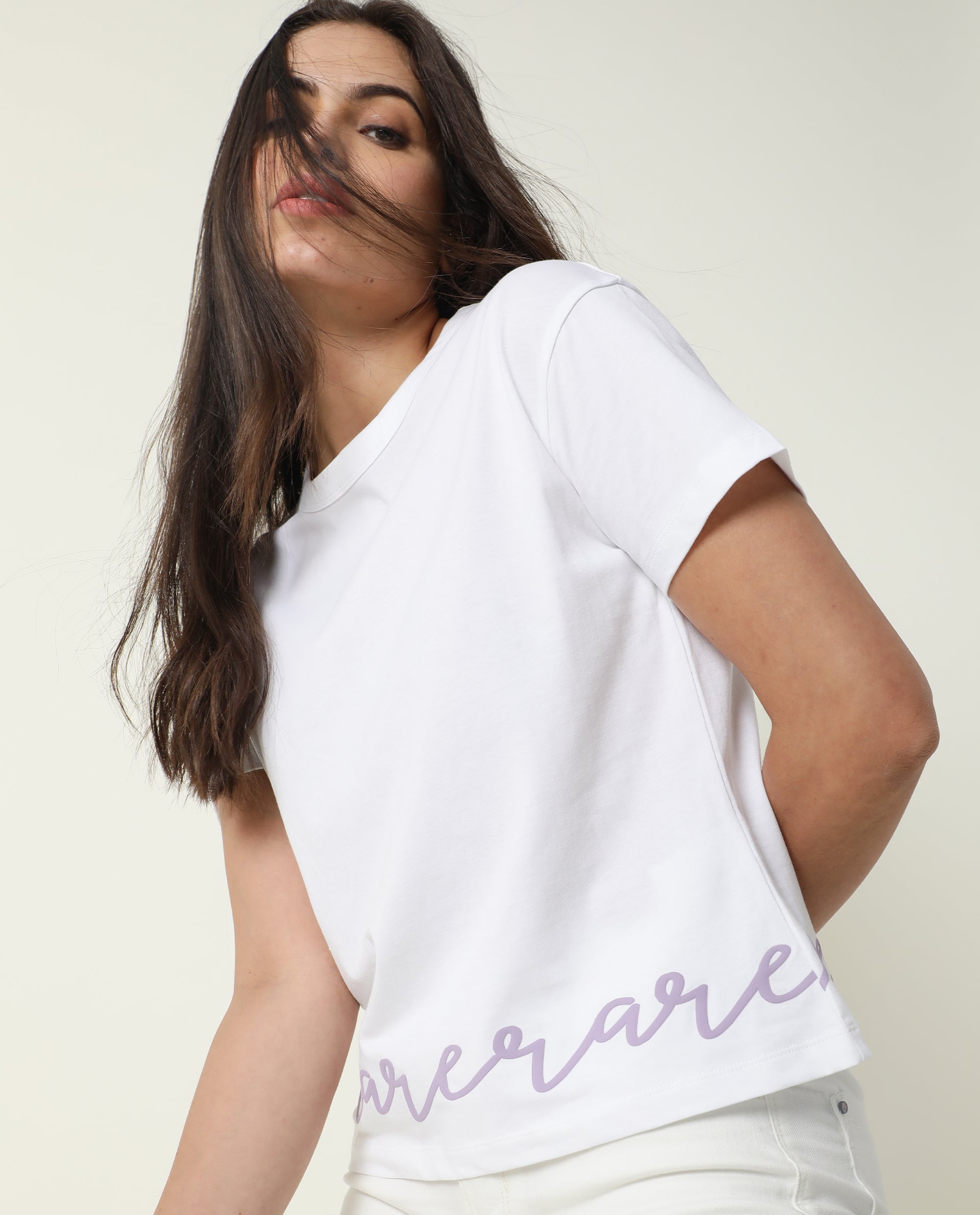 Rareism Women's Ruthi White Cotton Crew Neck Graphic Print Regular Fit T-Shirt