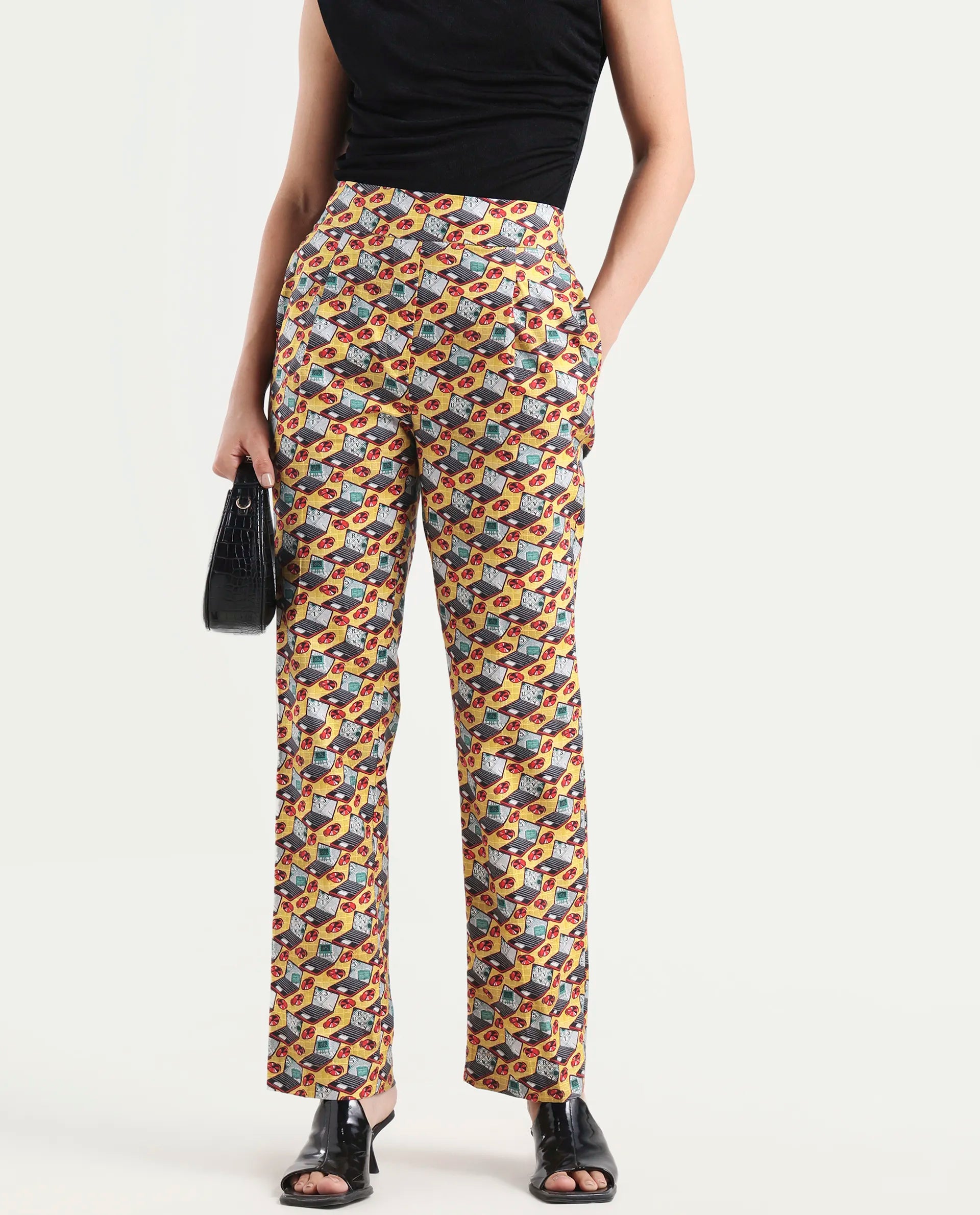Rareism Women's Hertie-B Yellow Cotton Blend Geometric Print Ankle Length Straight Fit Trouser