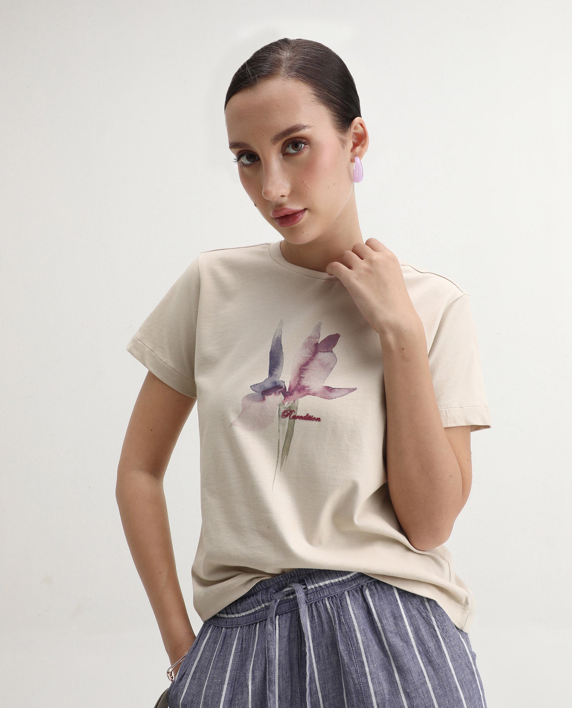 Rareism Women's Starf Beige Cotton Crew Neck Regular Fit T-Shirt