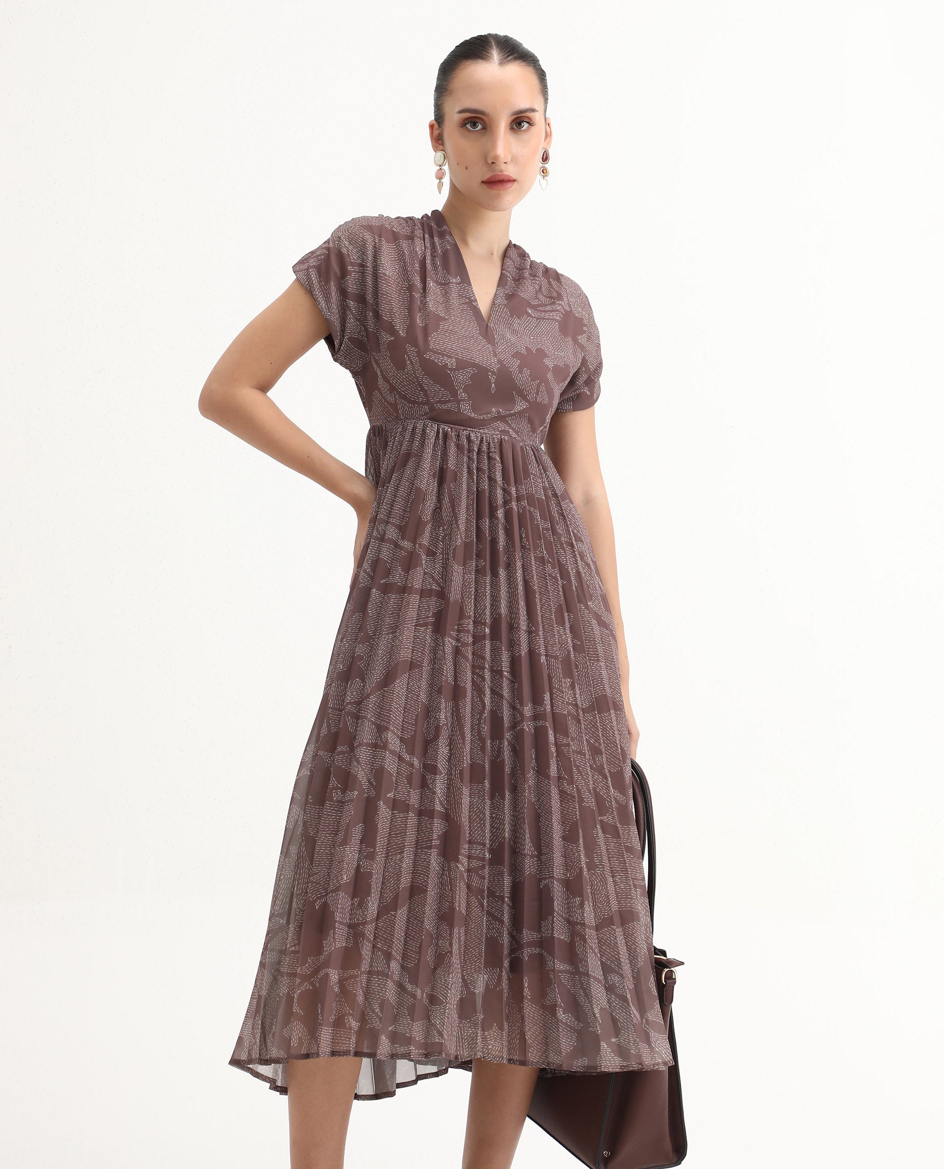 Rareism Women's Juremi Light Brown Cotton V-Neck Fit And Flare Printed Dress