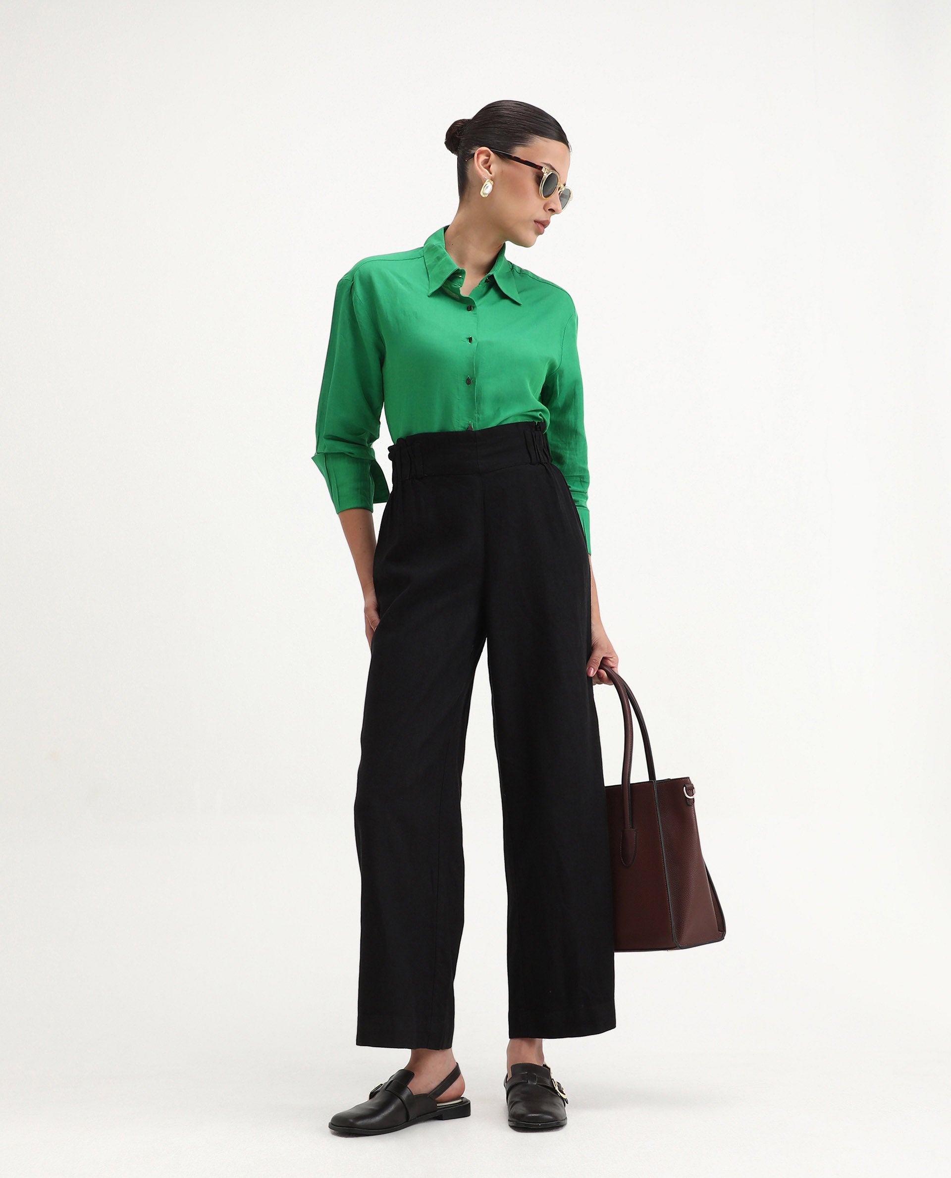 Rareism Women's Arid Black Linen Blend Plain Ankle Length Wide Trouser