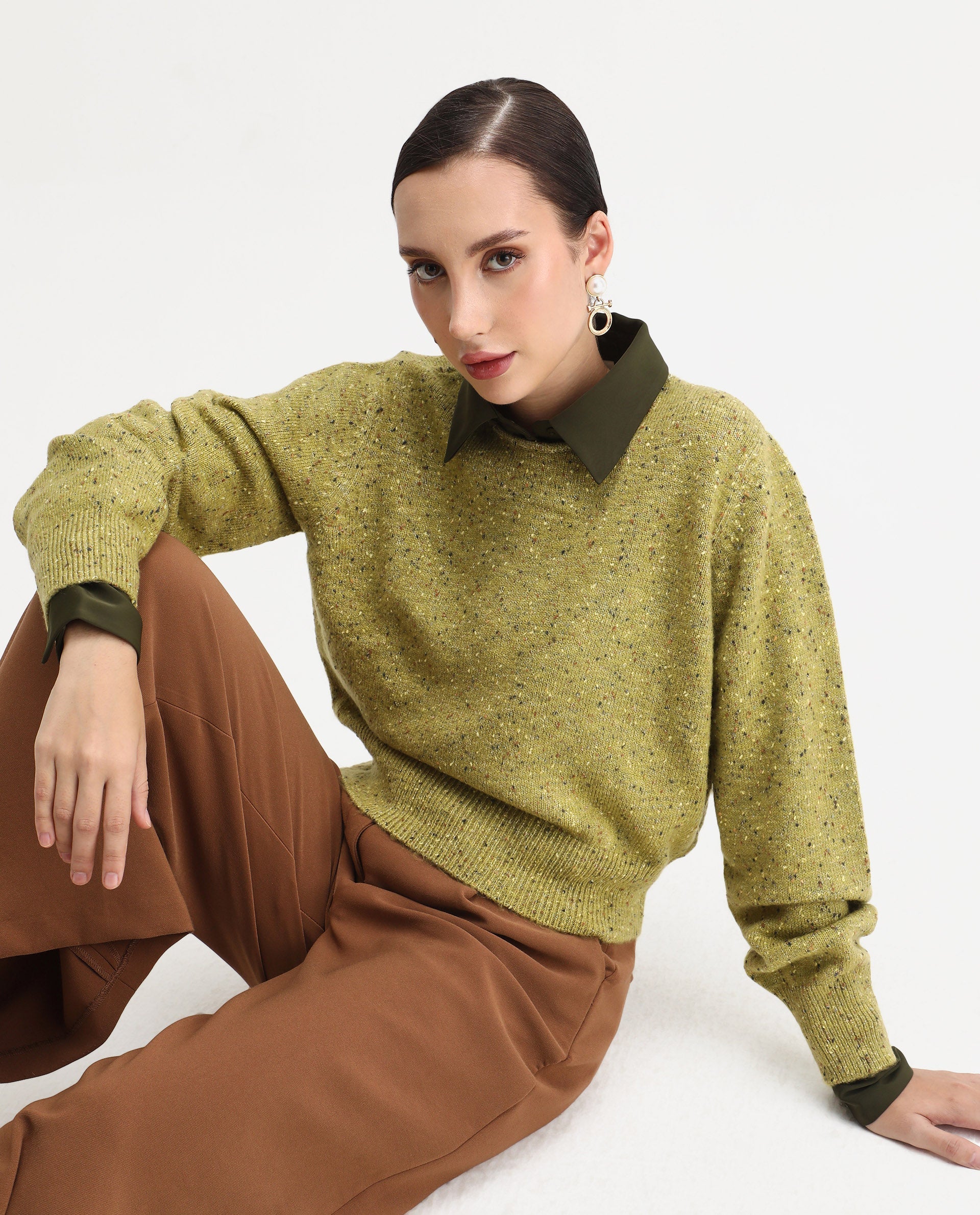 Rareism Women's Tinoa Light Olive Acrylic Blend Crew Neck Relaxed Fit Sweater