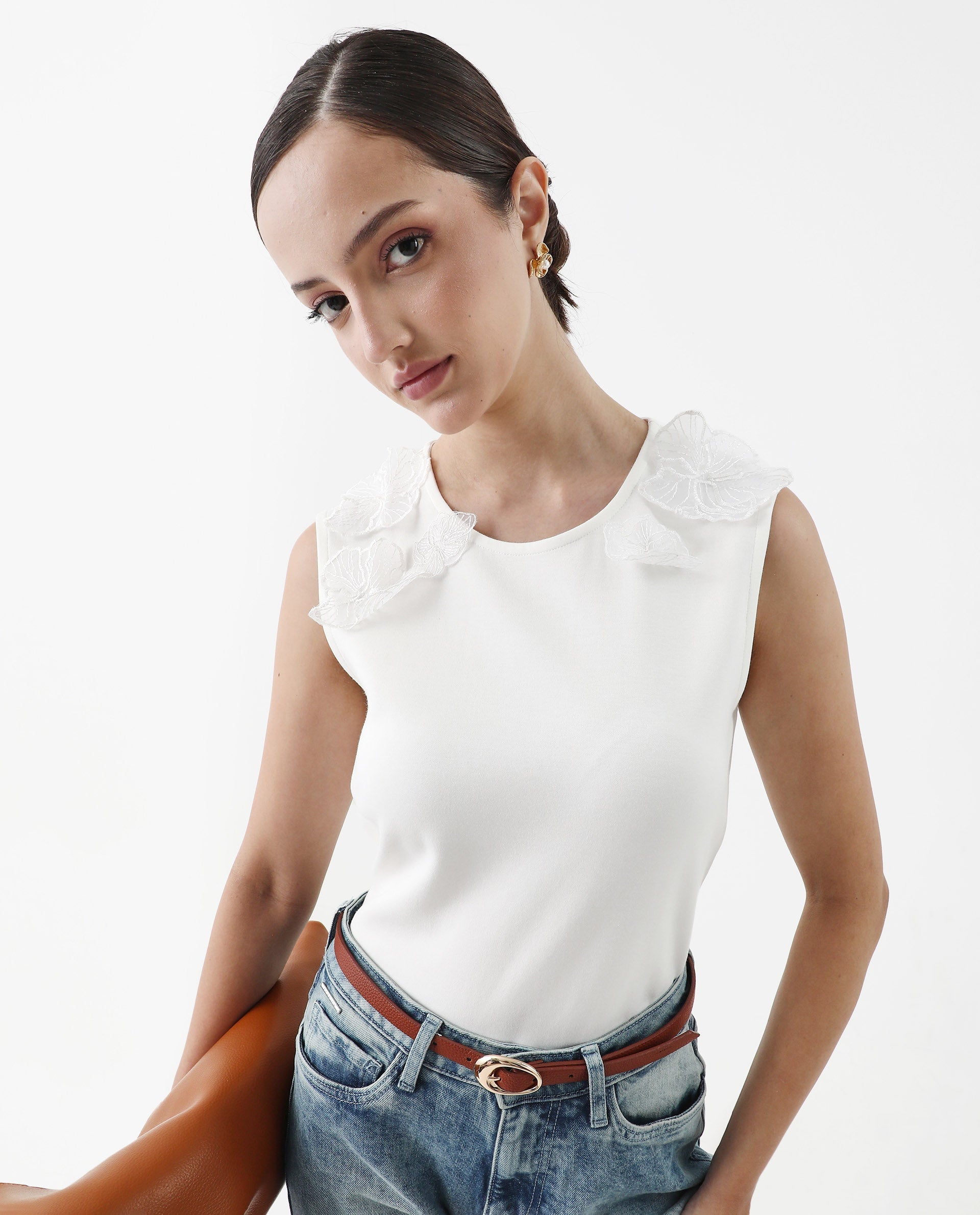 Rareism Women's Janbed Off White Cotton Round Neck Plain Sleeveless Regular Fit T-Shirt
