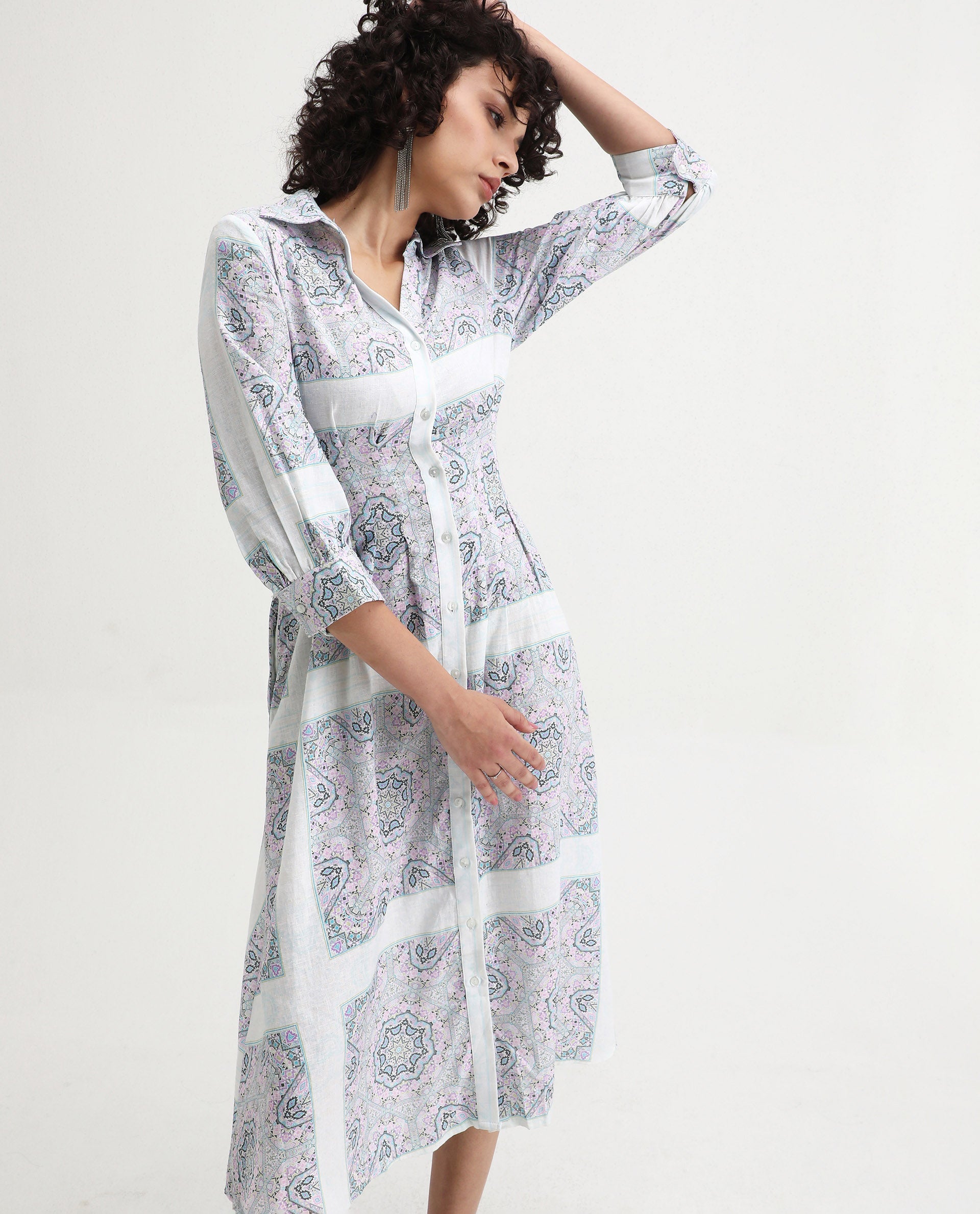 Rareism Women's Dusturn Multi Linen Blend Drop Collar Bandana Print Cuffed Sleeve Maxi Fit And Flare Dress
