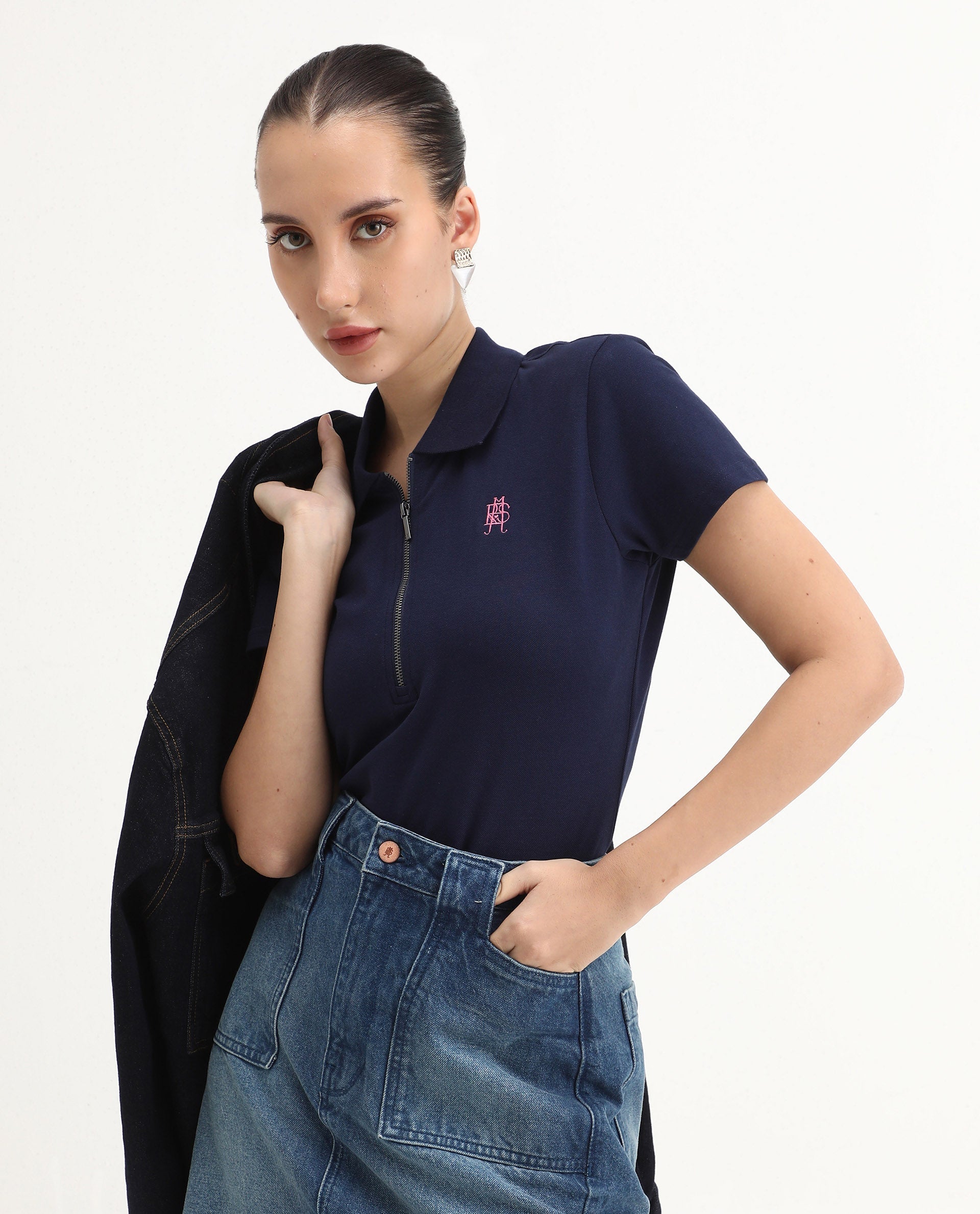 Rareism Women's Laken Navy Cotton Blend Polo Neck Plain Regular Fit Polo