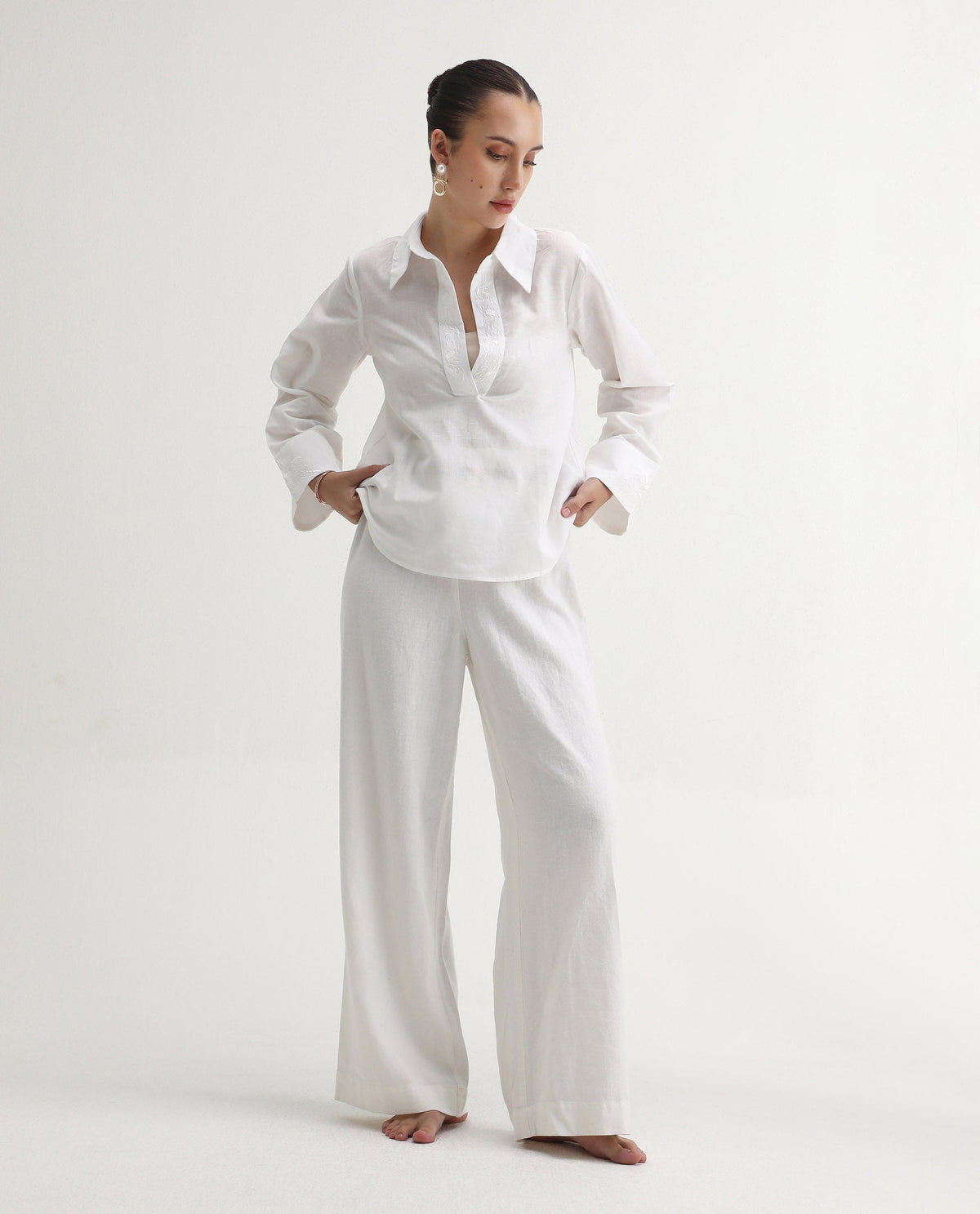 Rareism Women's Sofian White Linen Blend Spread Collar Plain Bell Sleeve Relaxed Fit Top