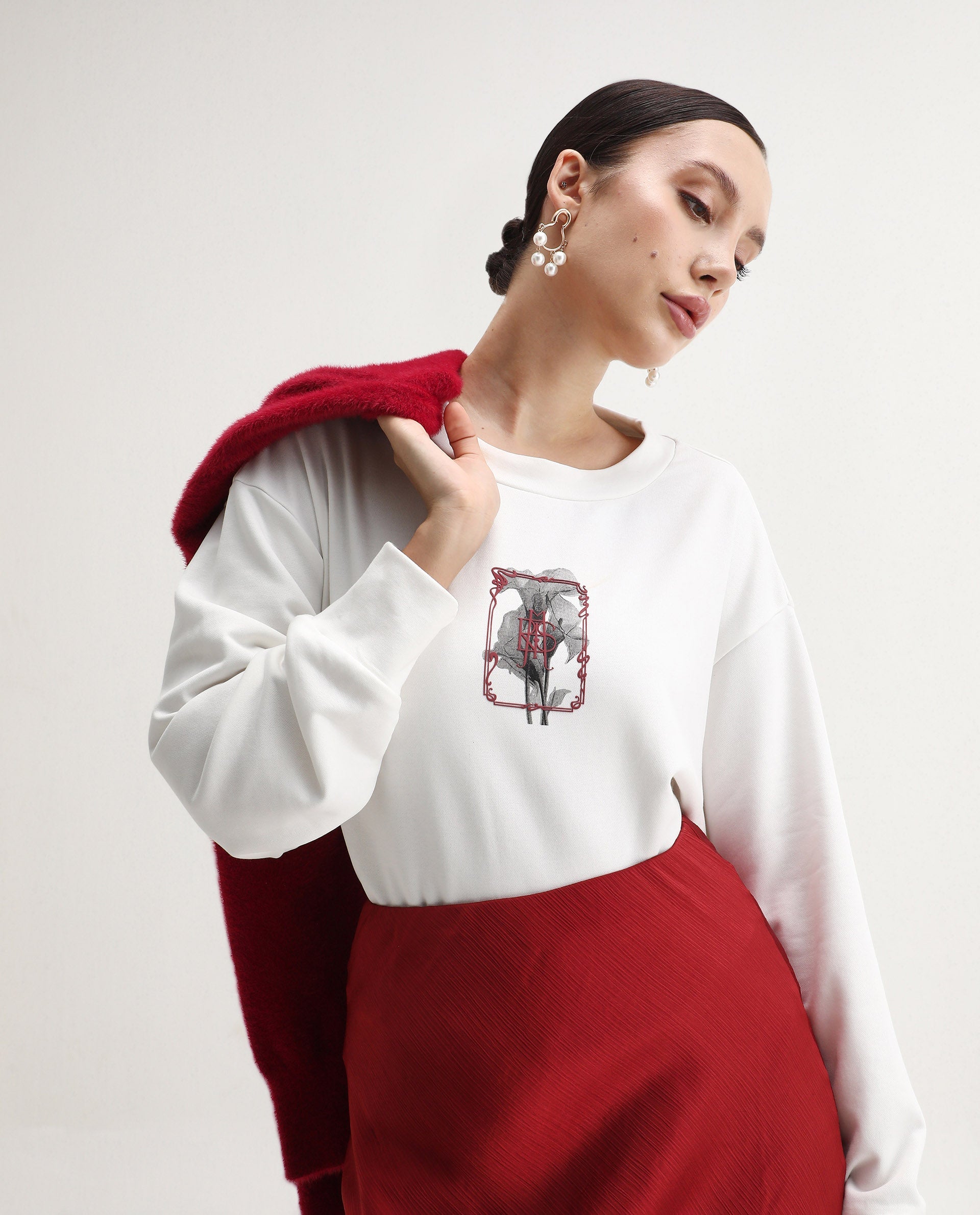 Rareism Women's Taq Off White Cotton Blend Crew Neck Relaxed Fit Graphic Print Sweatshirt