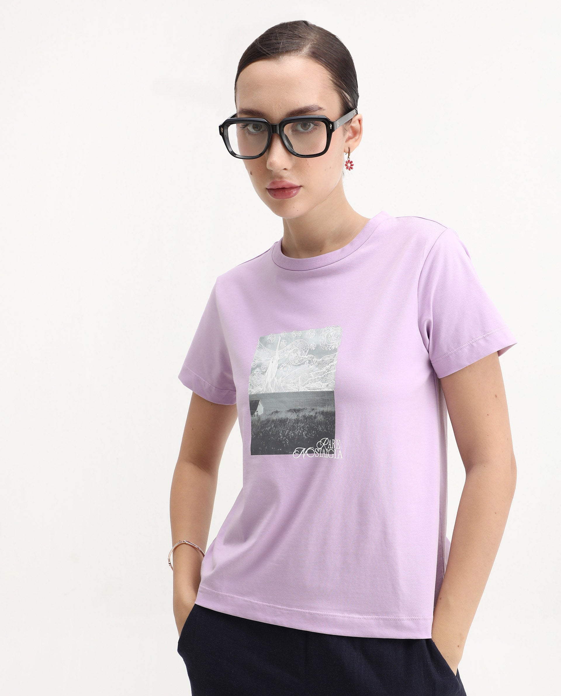 Rareism Women's Prife Light Purple Cotton Blend Crew Neck Graphic Print Regular Fit T-Shirt