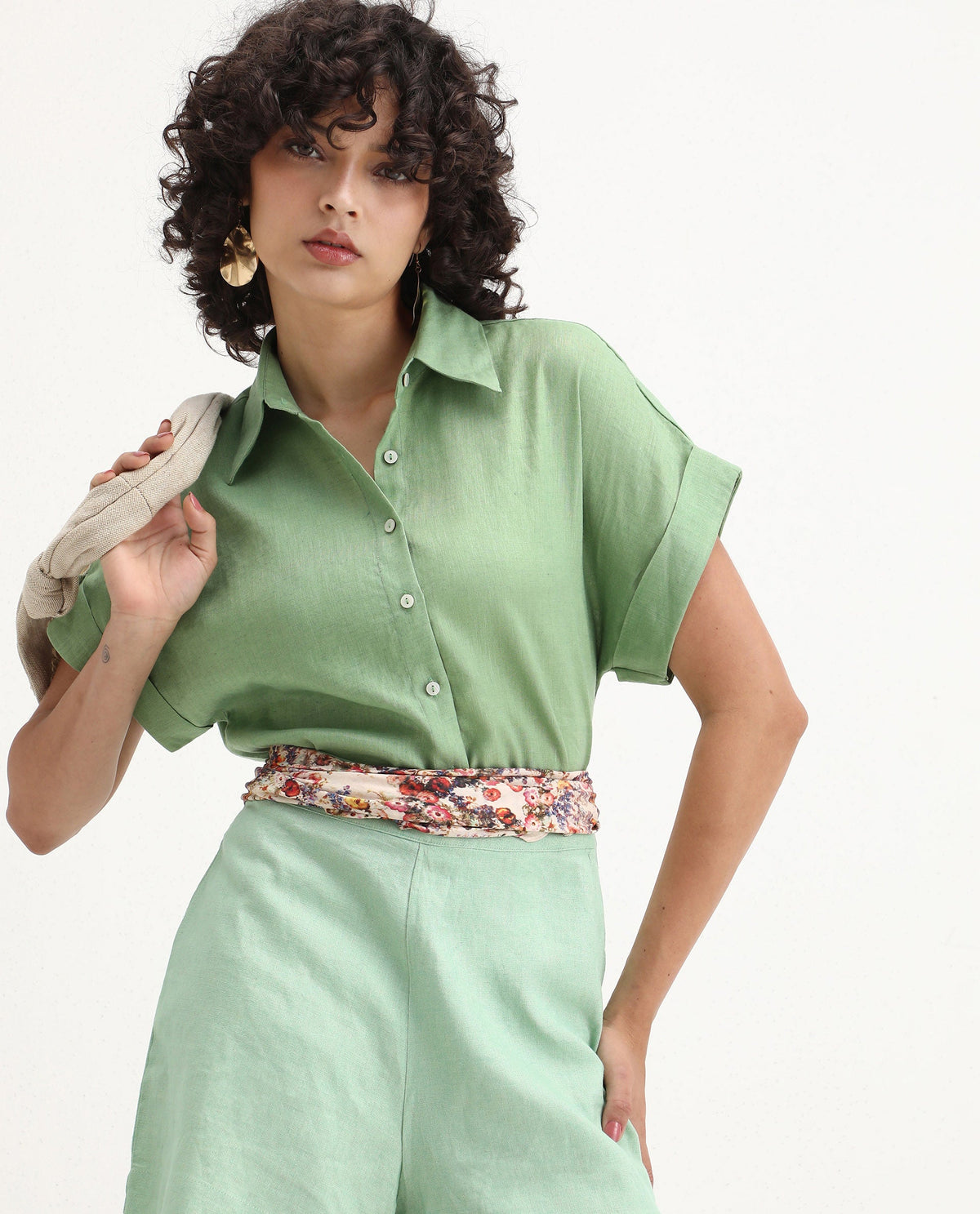 Rareism Women's Venezuela Pastel Green Cotton Linen Drop Collar Plain Extended Sleeves Relaxed Fit Shirt