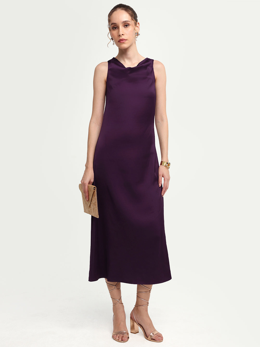 Rareism Women's Addina Purple Polyester Cowl Neck Pull-On Bodycon Plain Dress