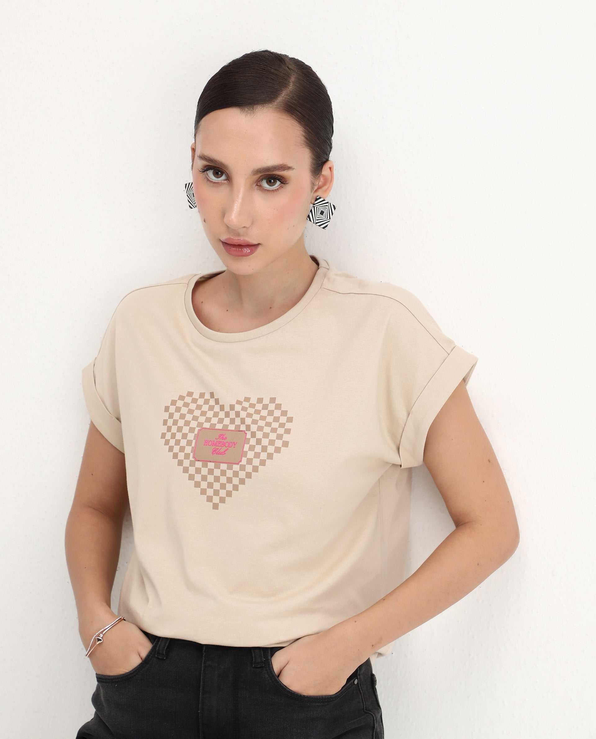 Rareism Women's Hamo Beige Cotton Crew Neck Relaxed Fit T-Shirt