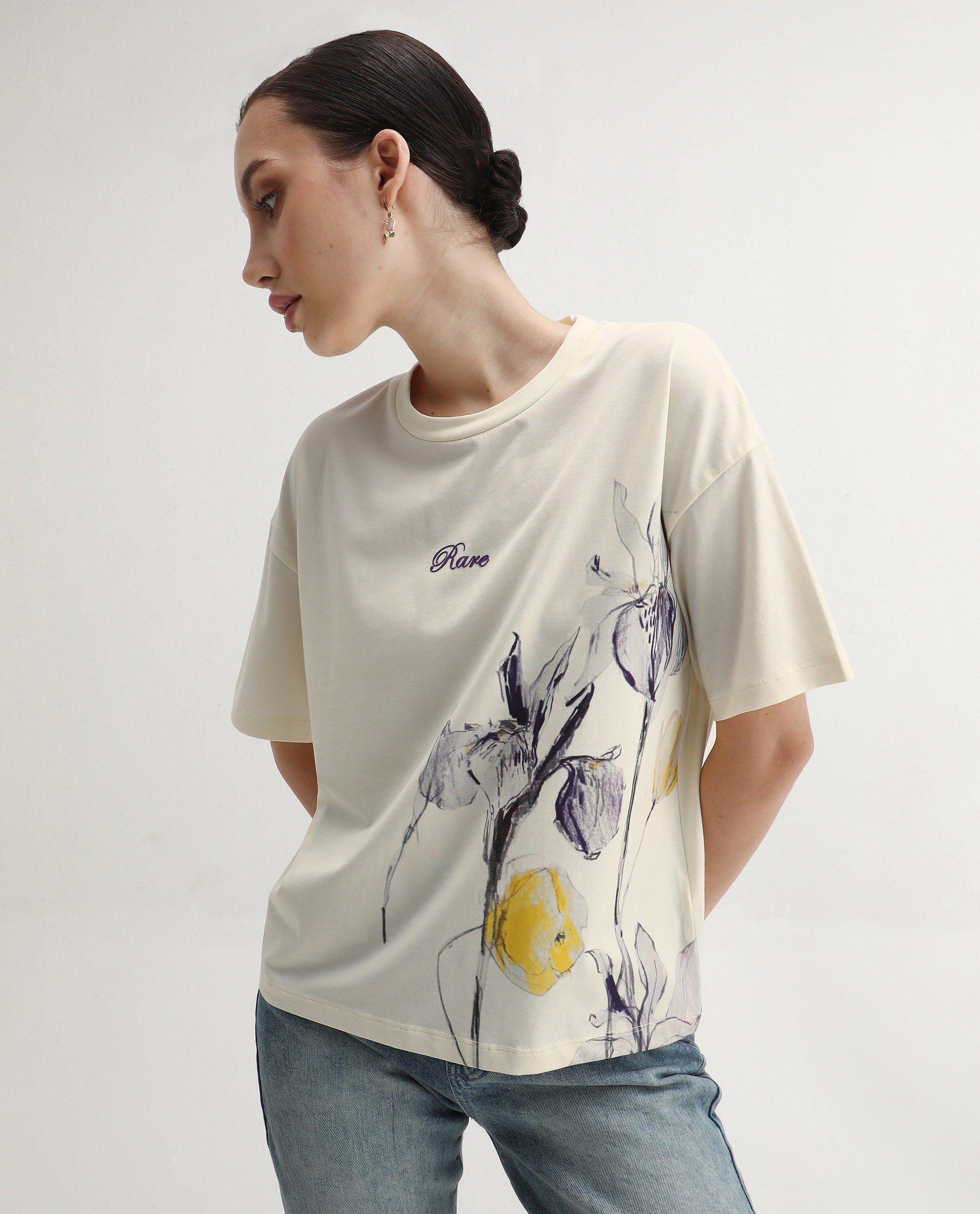 Rareism Women's Dewn Off White Cotton Blend Crew Neck Relaxed Fit T-Shirt