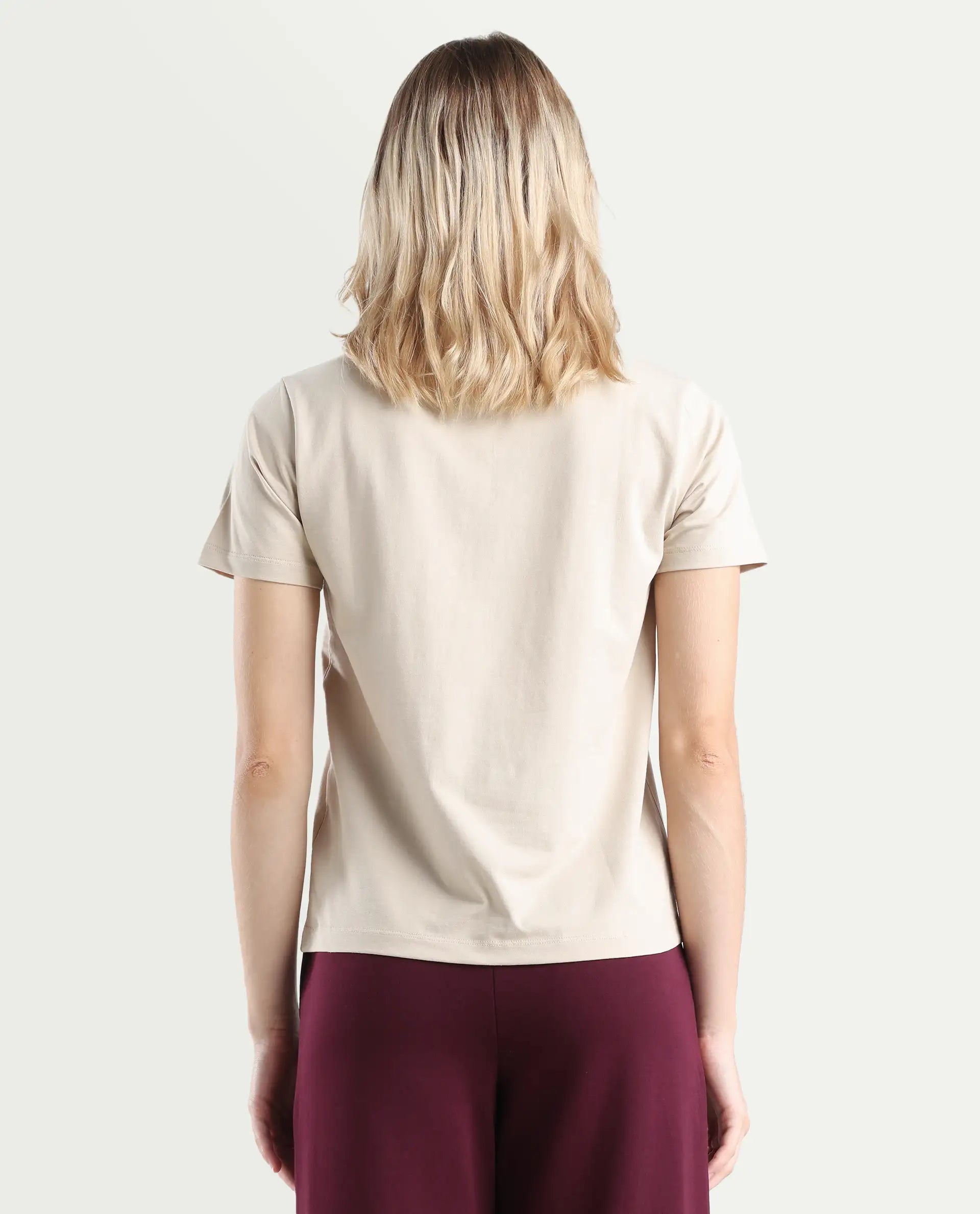 Rareism Women's Ian Beige Cotton Blend Crew Neck Regular Fit T-Shirt