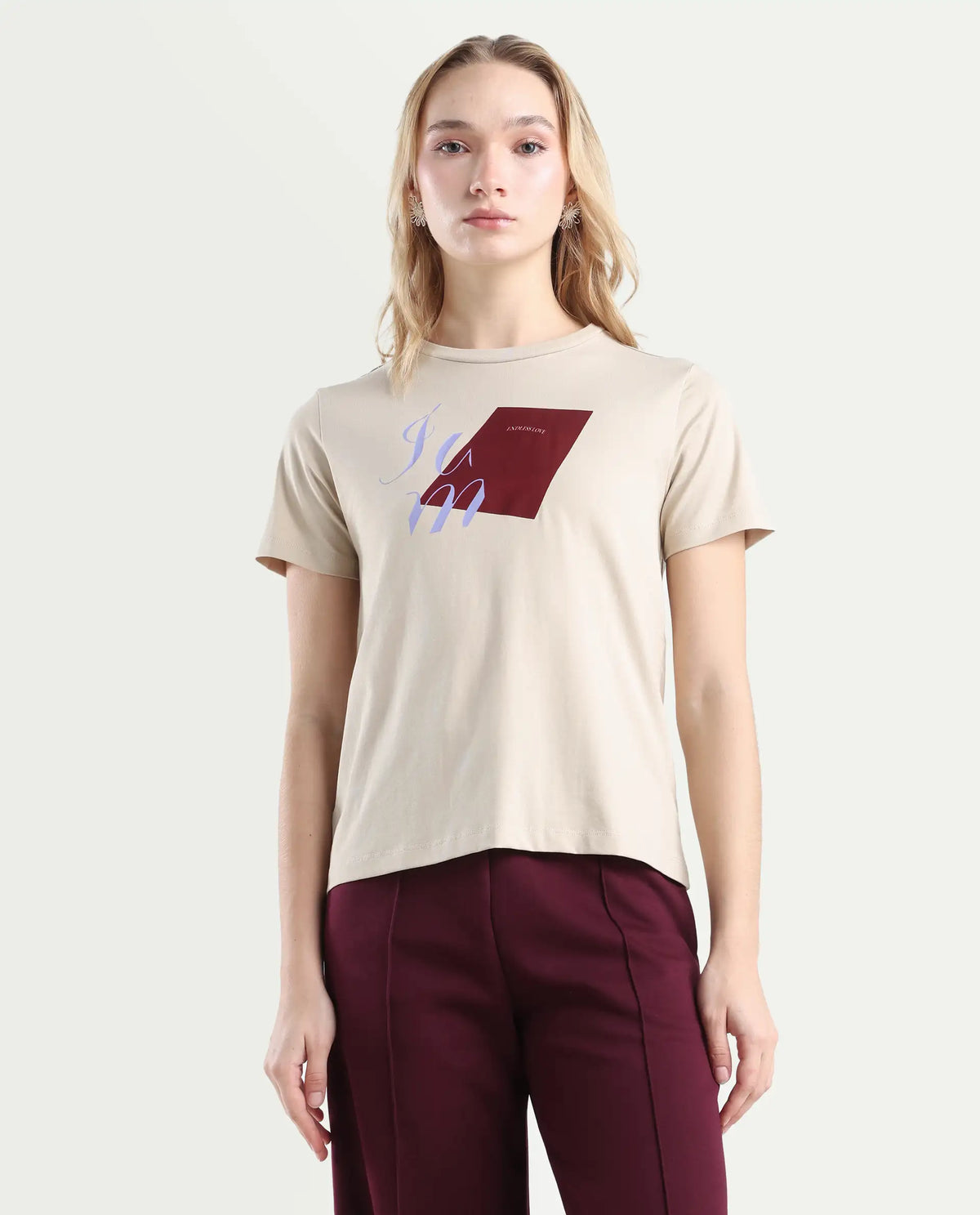 Rareism Women's Ian Beige Cotton Blend Crew Neck Regular Fit T-Shirt