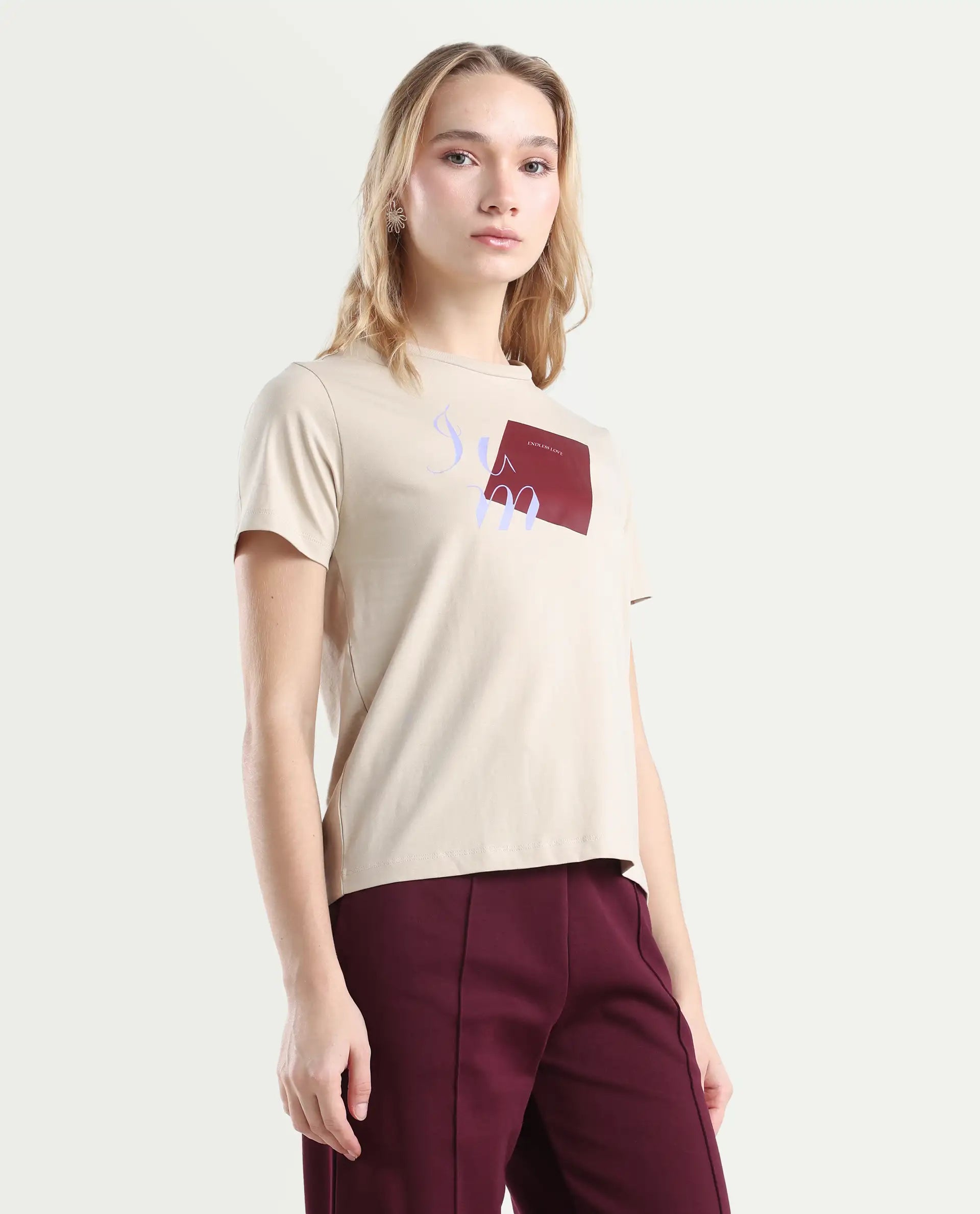 Rareism Women's Ian Beige Cotton Blend Crew Neck Regular Fit T-Shirt