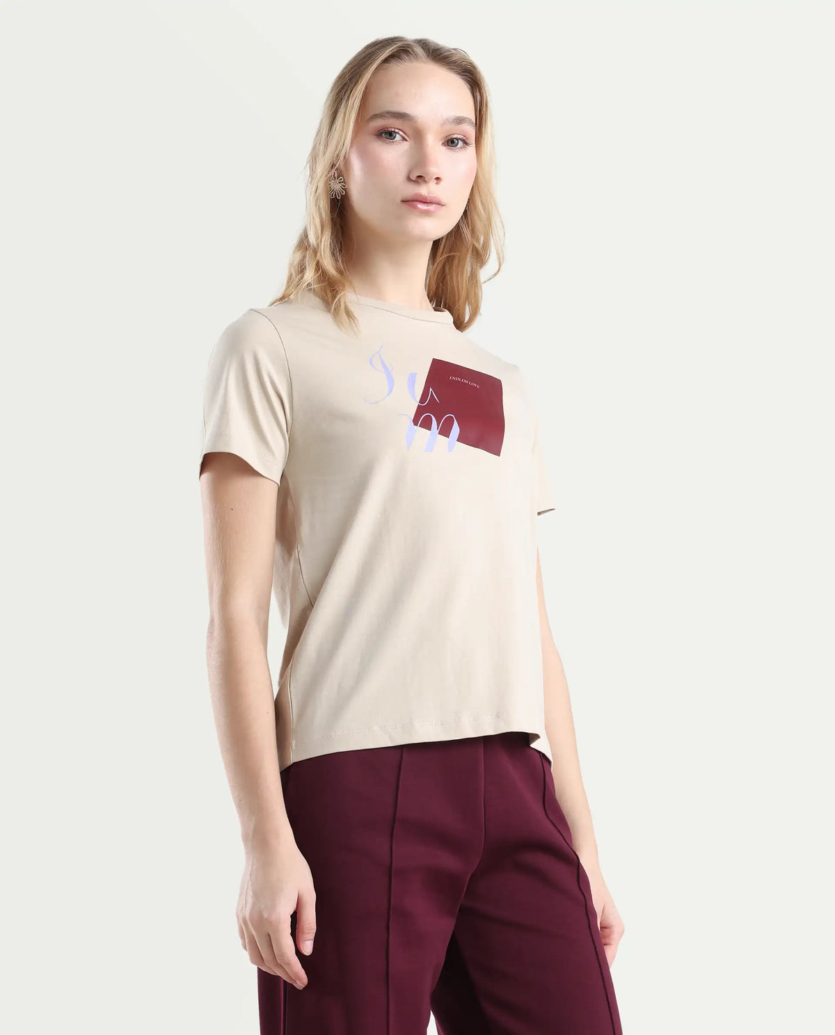 Rareism Women's Ian Beige Cotton Blend Crew Neck Regular Fit T-Shirt