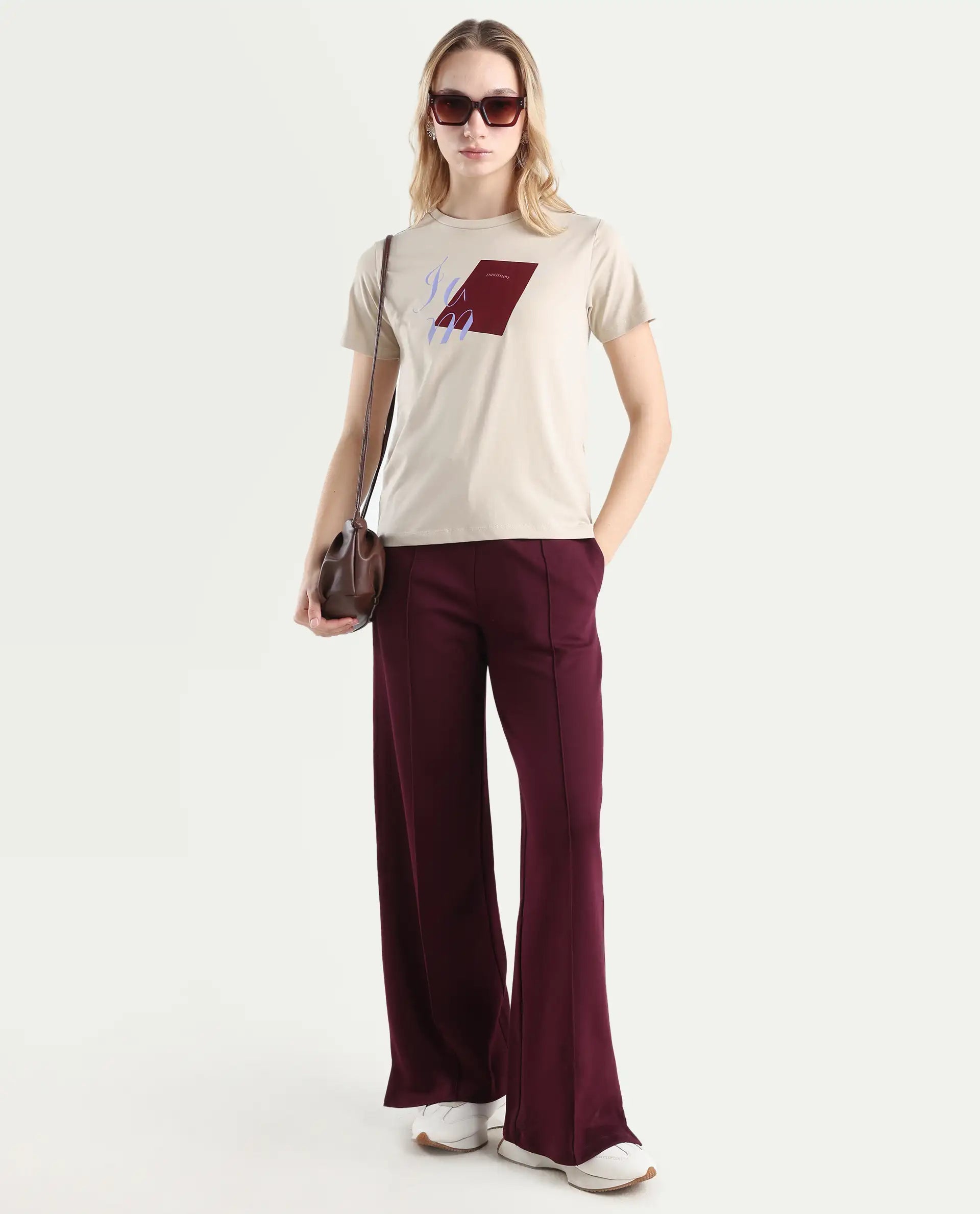 Rareism Women's Ian Beige Cotton Blend Crew Neck Regular Fit T-Shirt