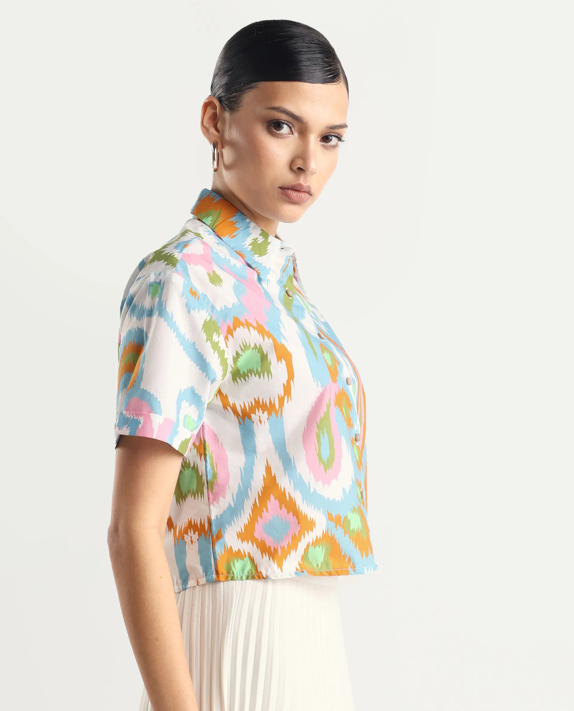 Rareism Women's Inkia Multi Poplin Drop Collar Abstract Print Crop Regular Fit Top