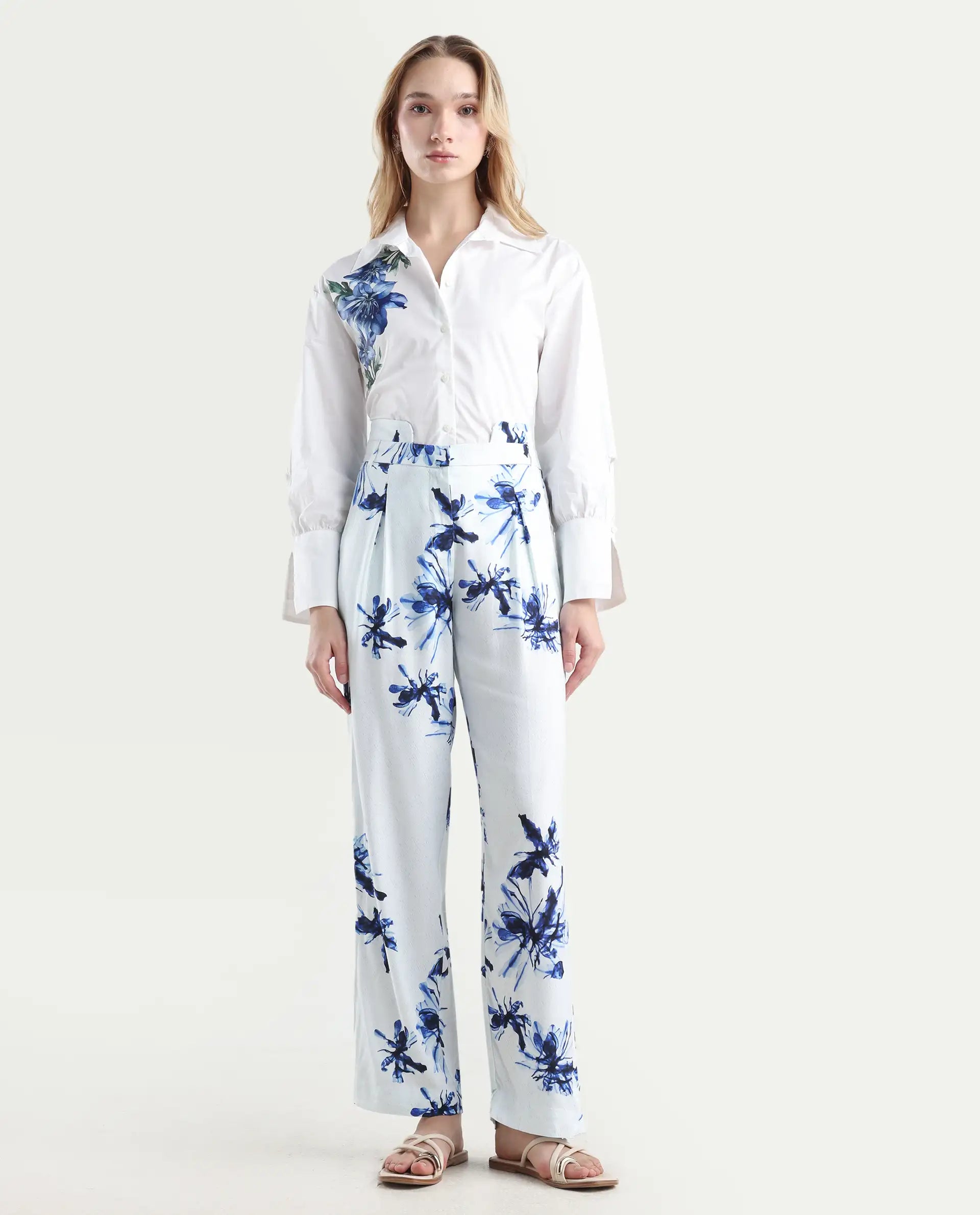 Rareism Women's Irish White Viscose Floral Print Ankle Length Regular Fit Trouser