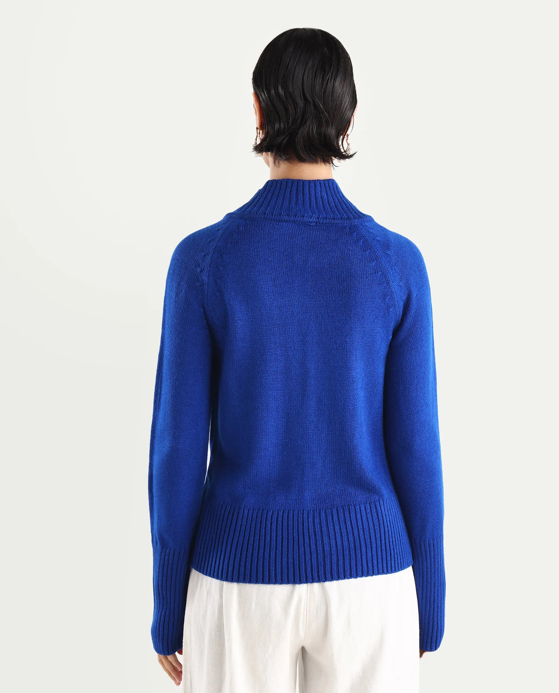 Rareism Women's Jagger Blue Acrylic High Neck Plain Raglan Sleeve Relaxed Fit Sweater