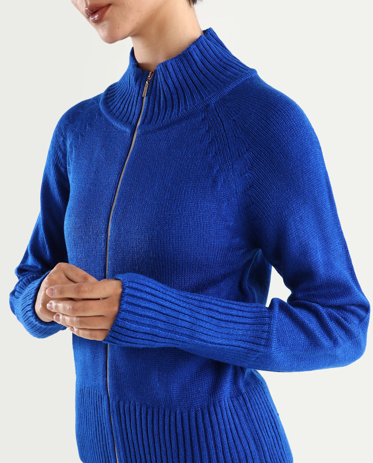 Rareism Women's Jagger Blue Acrylic High Neck Plain Raglan Sleeve Relaxed Fit Sweater