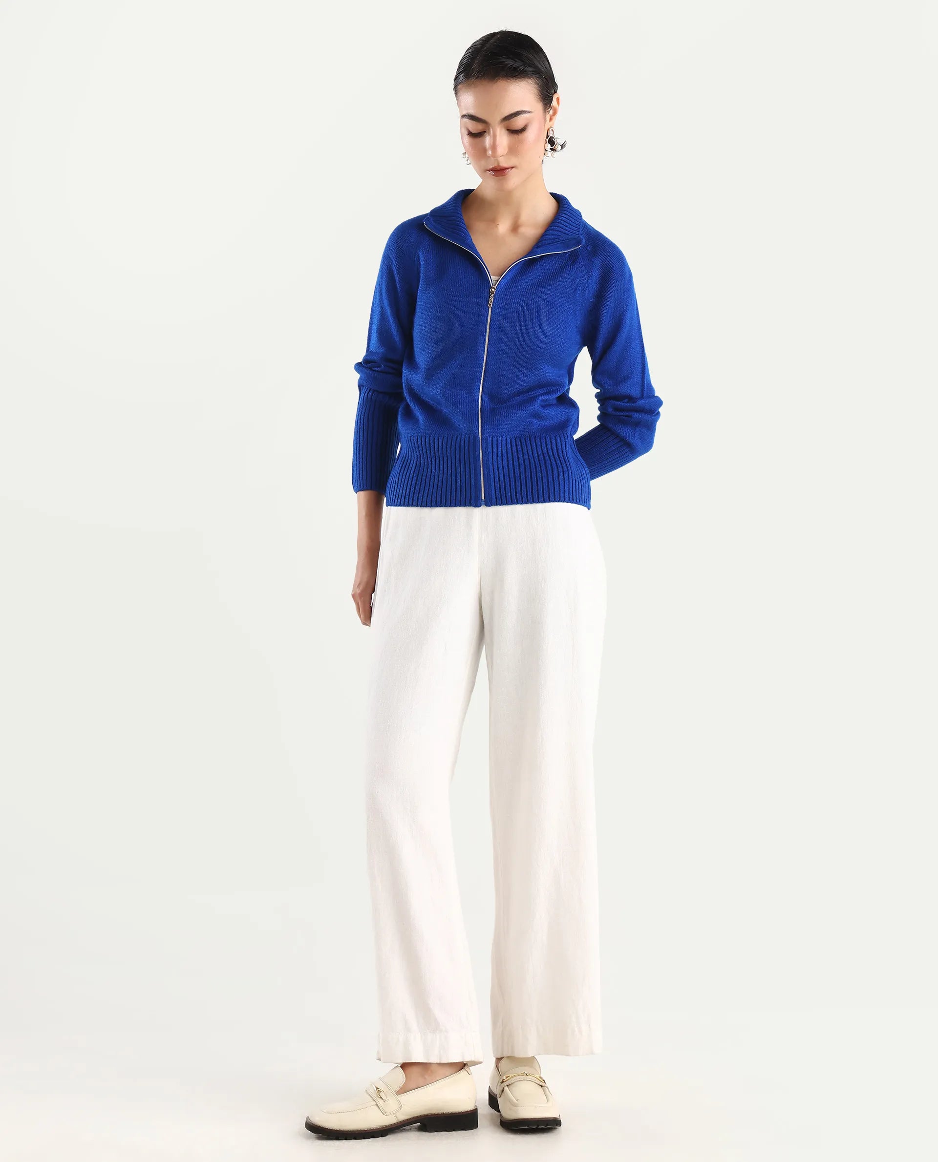 Rareism Women's Jagger Blue Acrylic High Neck Plain Raglan Sleeve Relaxed Fit Sweater