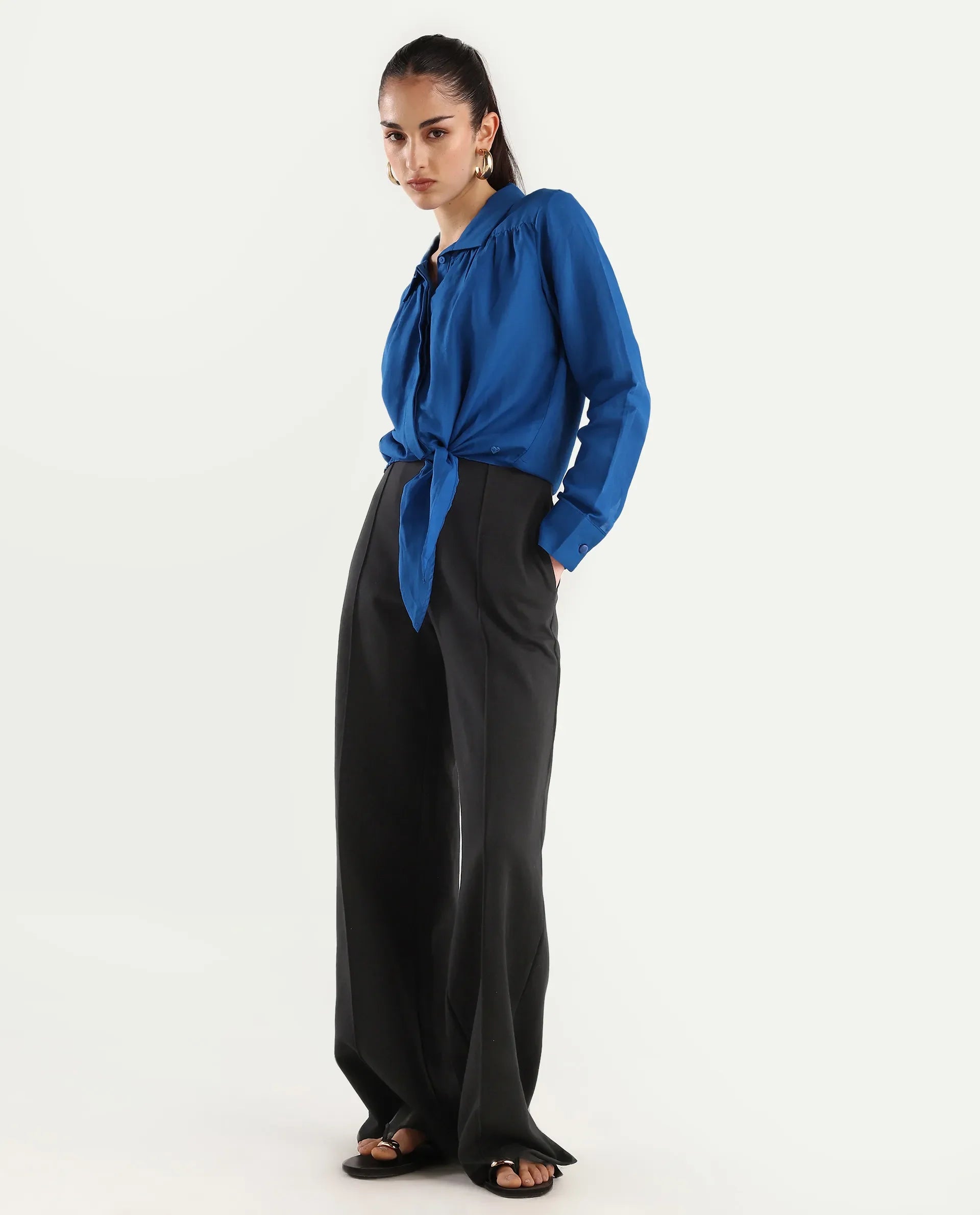 Rareism Women's Janima Blue Modal Blend Spread Collar Plain Cuffed Sleeve Crop Regular Fit Shirt