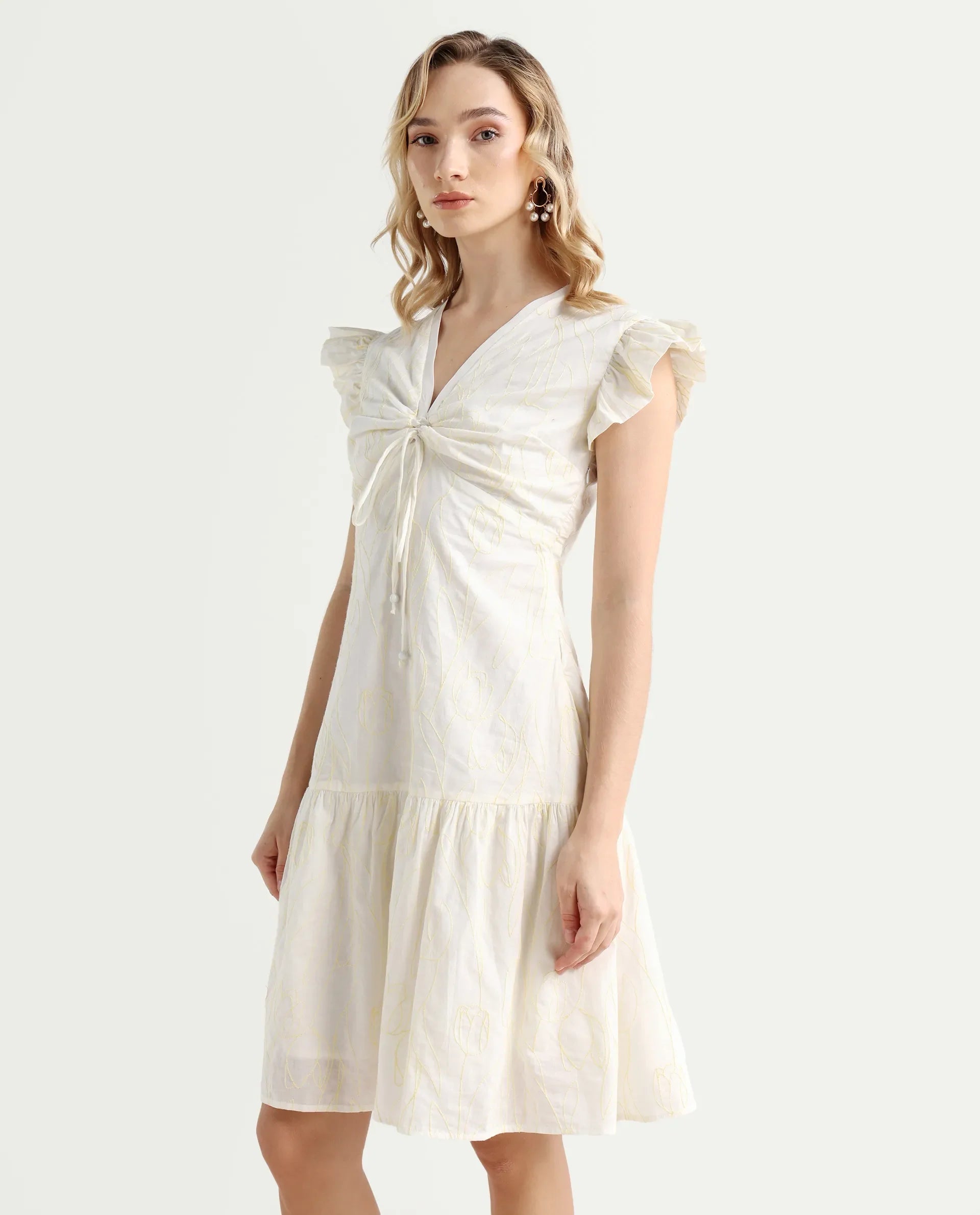 Rareism Women's Janarivi Off White Cotton V-Neck Embroidered Ruffled Sleeve Knee Length Fit And Flare Dress