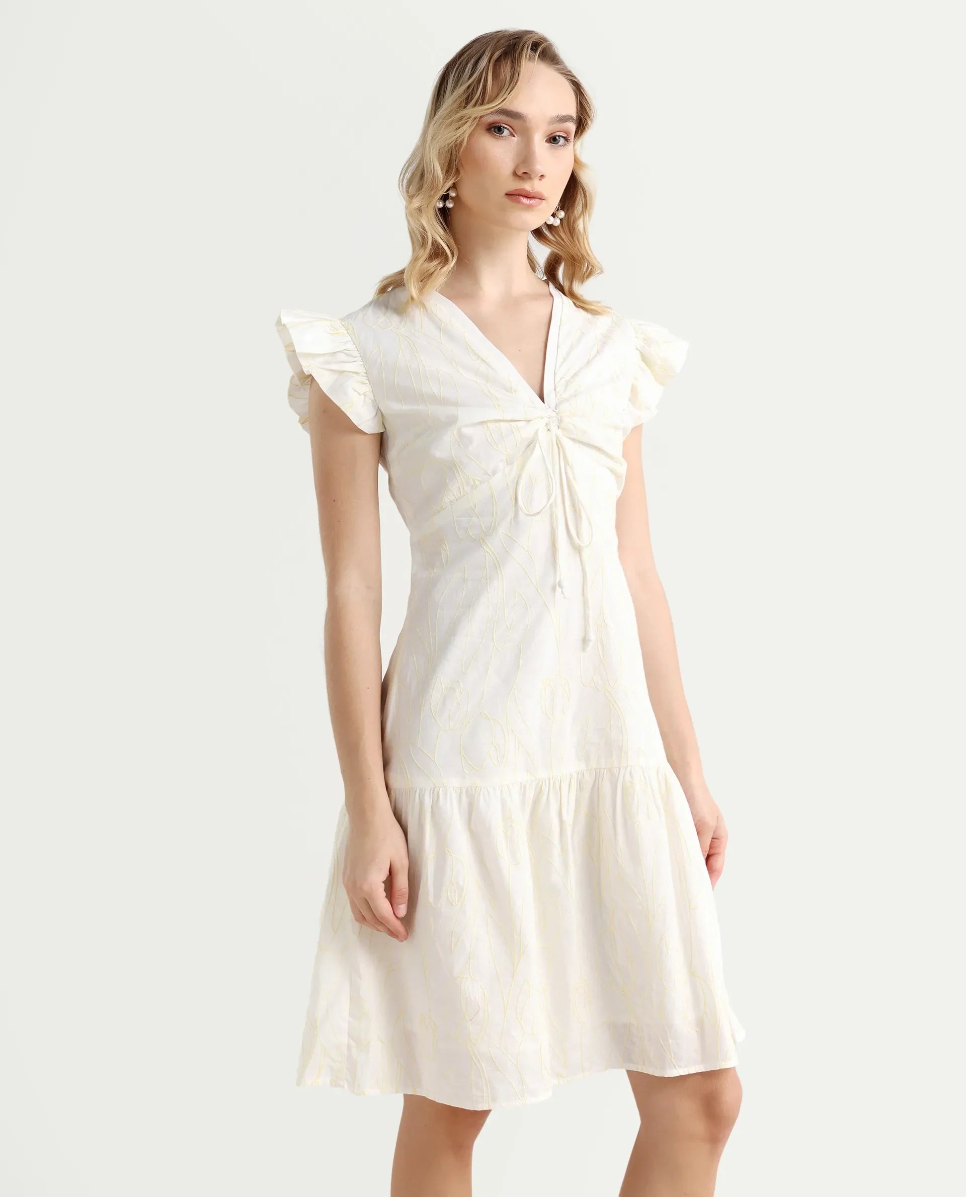 Rareism Women's Janarivi Off White Cotton V-Neck Embroidered Ruffled Sleeve Knee Length Fit And Flare Dress
