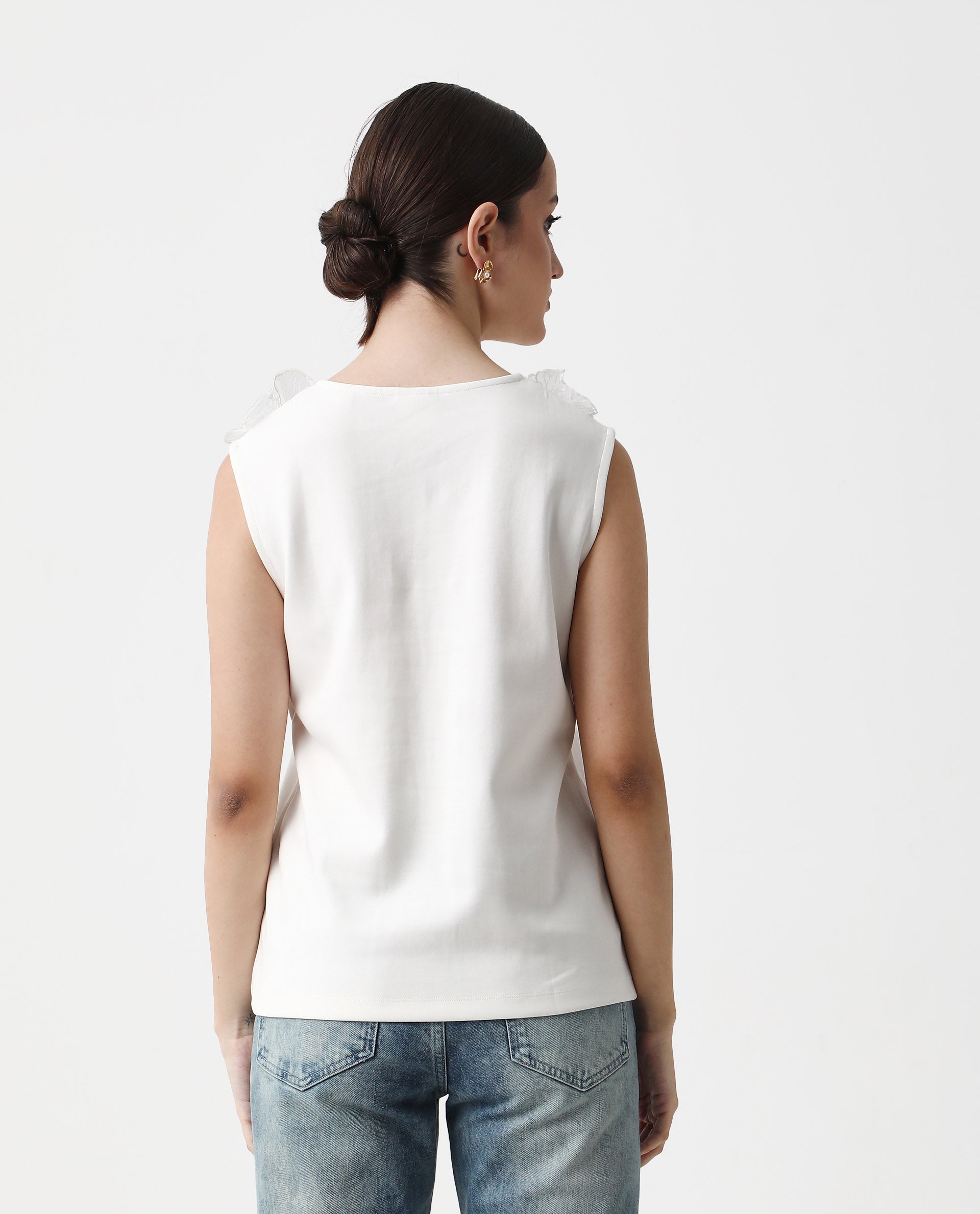 Rareism Women's Janbed Off White Cotton Round Neck Plain Sleeveless Regular Fit T-Shirt