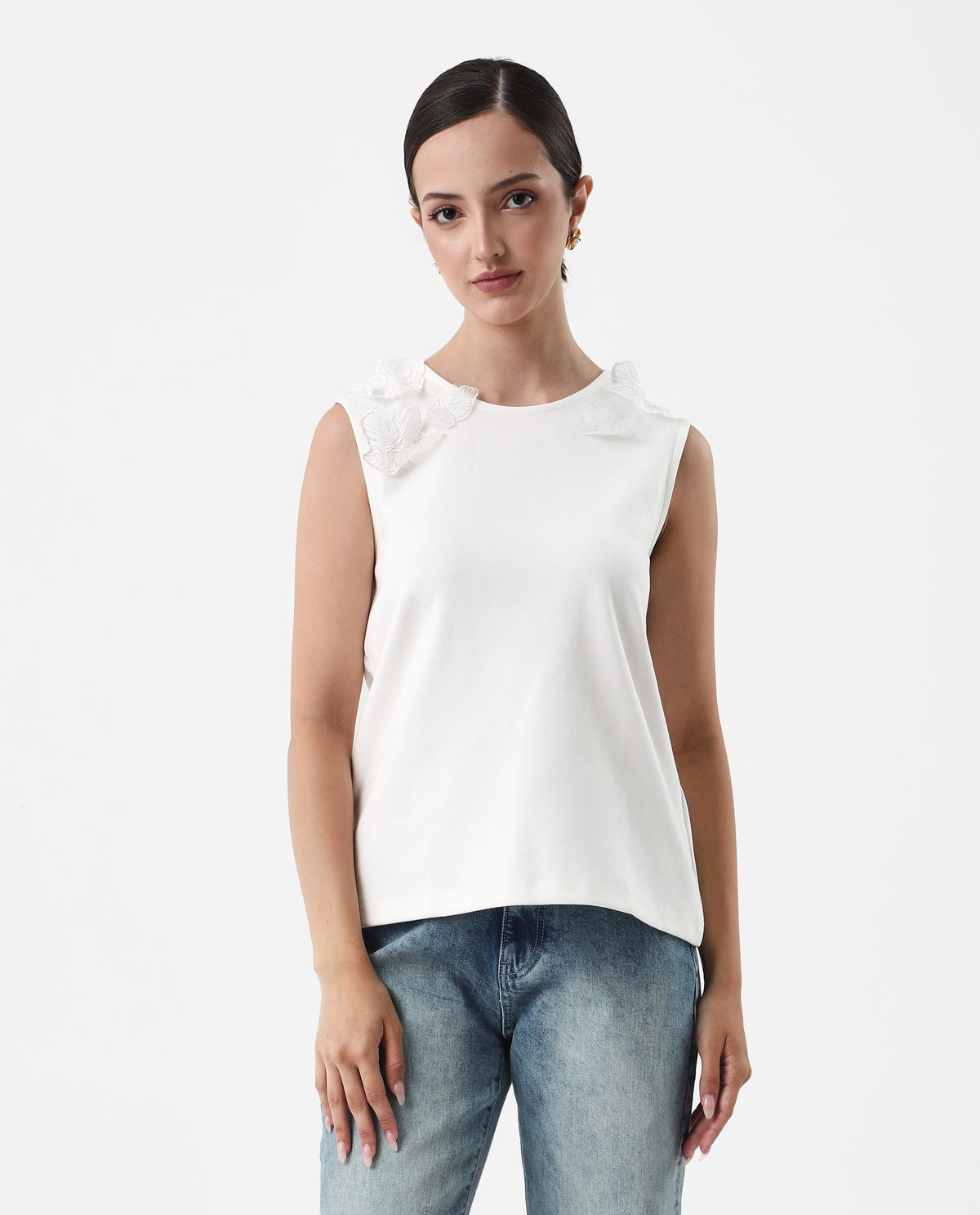 Rareism Women's Janbed Off White Cotton Round Neck Plain Sleeveless Regular Fit T-Shirt