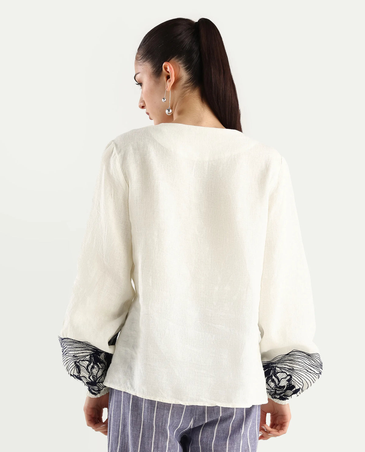 Rareism Women's Janbo White Linen Tie-Up Neck Embroidered Bishop Sleeve Regular Fit Top