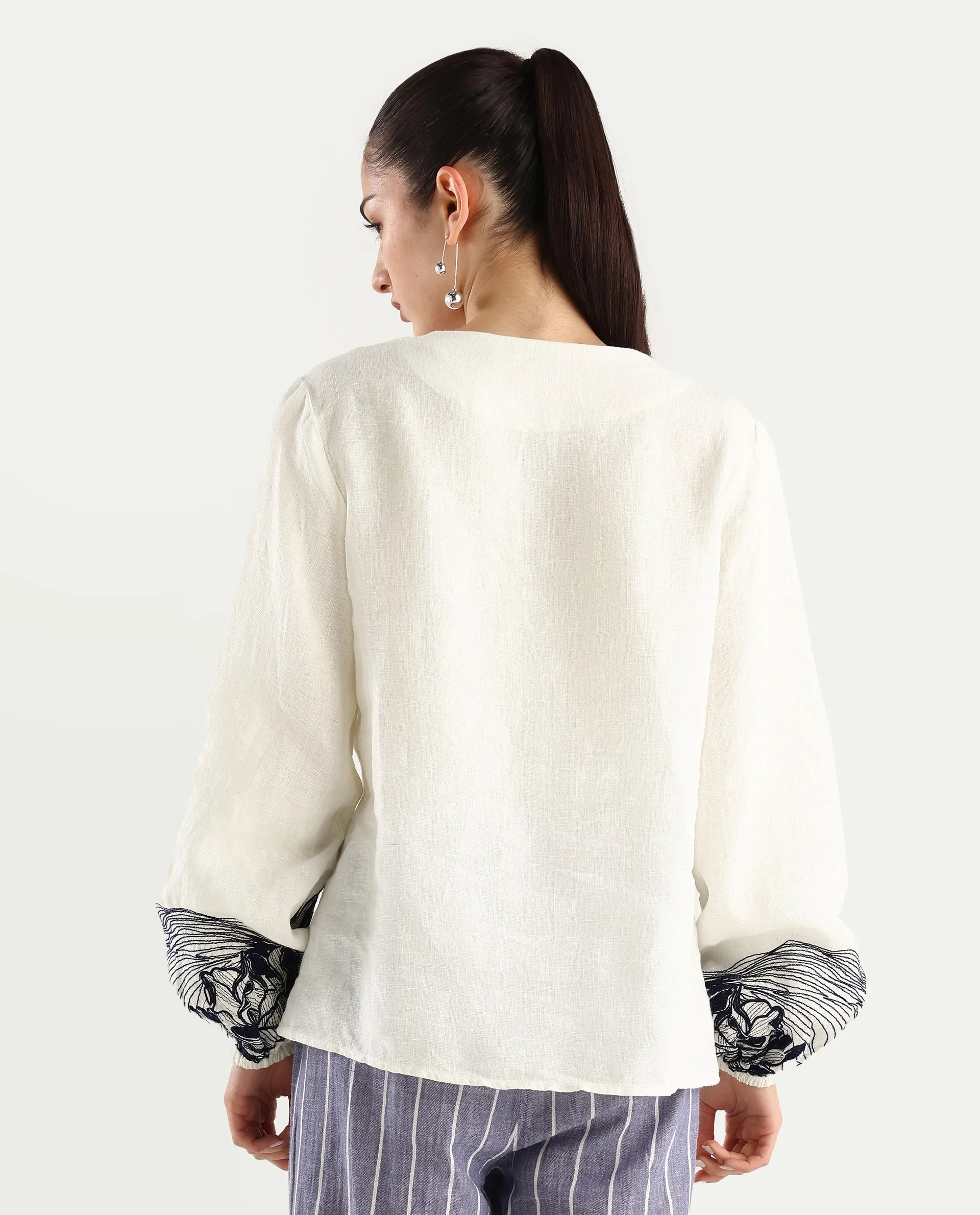 Rareism Women's Janbo White Linen Tie-Up Neck Embroidered Bishop Sleeve Regular Fit Top